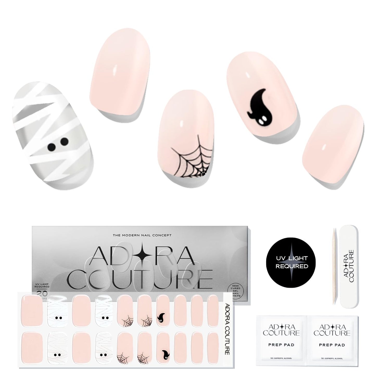 Adora Couture Semi Cured Gel Nail Strips with 20 Pieces - UV Gel Stickers, Manicure Kit, Easy Application Wraps Includes Prep Pads, Nail File, Wooden Stick - UV Light Required (Haunted Hues)
