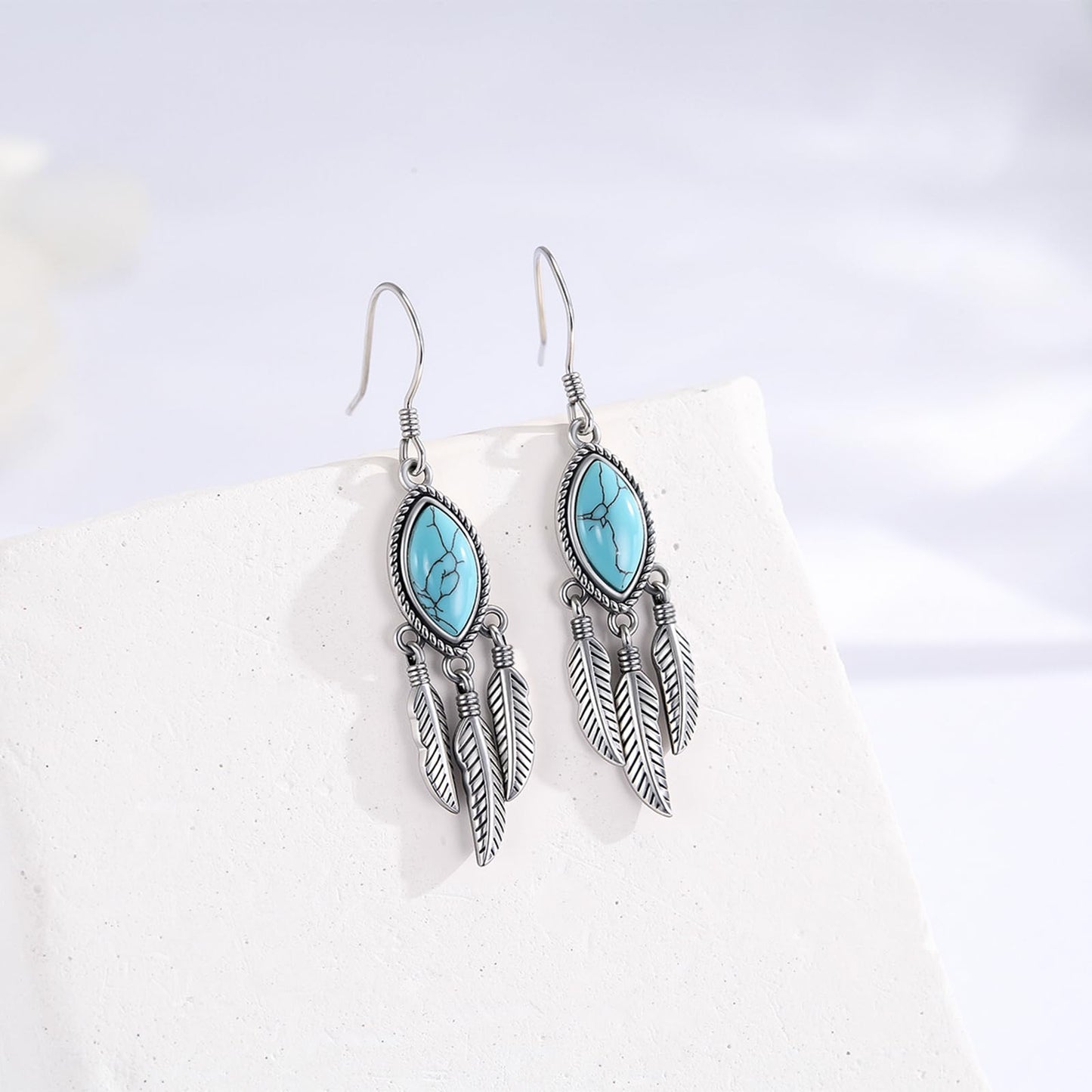 KoyeKei Turquoise Feather Dangle Drop Earrings for Women Western 925 Sterling Silver Feather Boho Leaf Statement Earrings Country Vintage Jewelry Christmas Gifts
