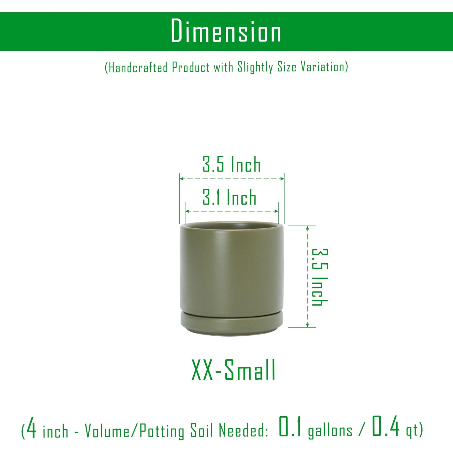D'vine Dev Set of 4 Small Ceramic Plant Pots, 3.5 Inch Succulent Planter Pot for Plants with Drainage Hole and Saucer, Olive, 94-X-A-0