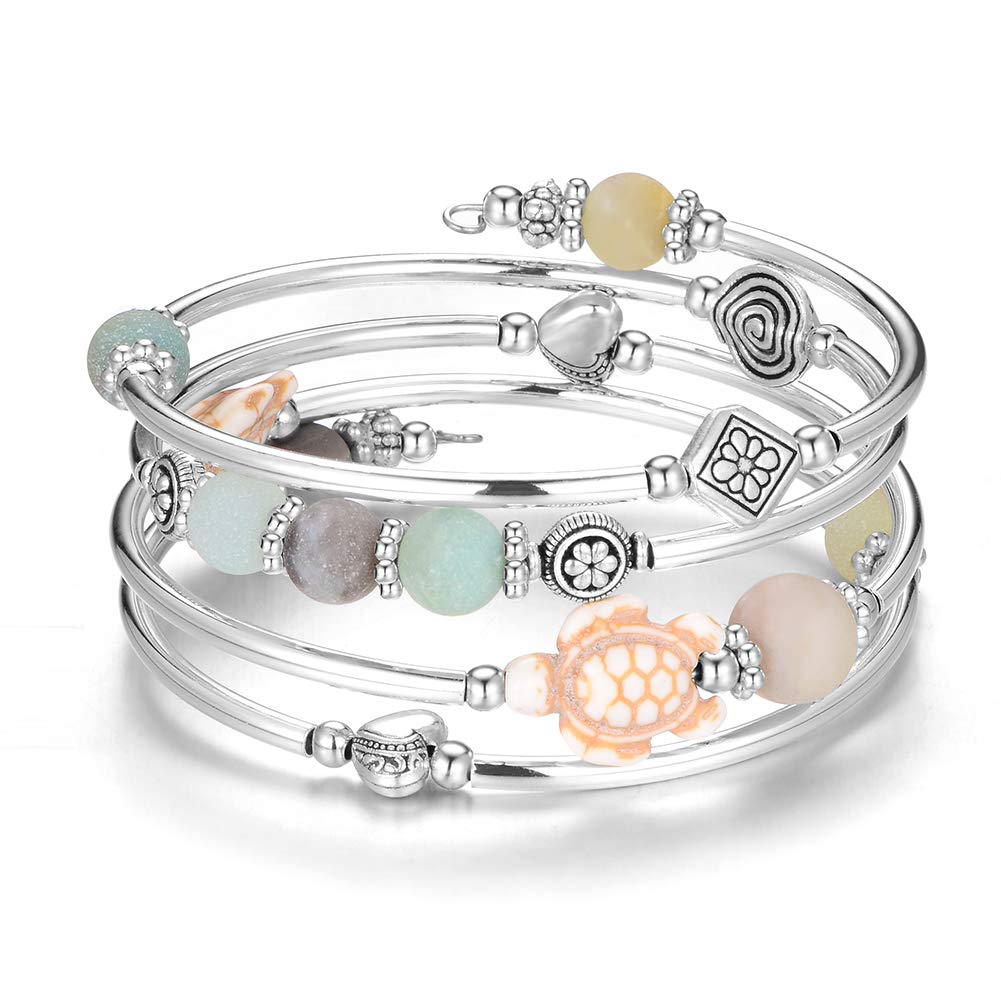 BULINLIN Layered Wrap Bangle Turquoise Bracelet - Bead Bracelet with Natural Agate Stone, Gifts For Women (17-Amazon Green turtle bracelet)
