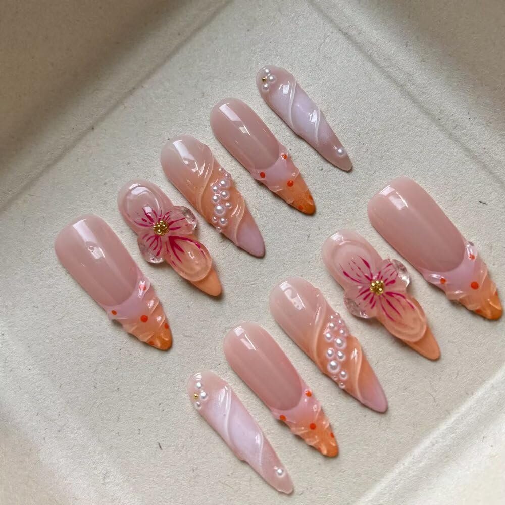 MAGLFELL Handmade Acrylic Long Almond Press On Nails, 3D Art Desigen False Nails for Women, Reusable ABS Material Fake Nails, 10 Pcs Almond Stick On Nails, DIY Nail Art At Home (Size M)