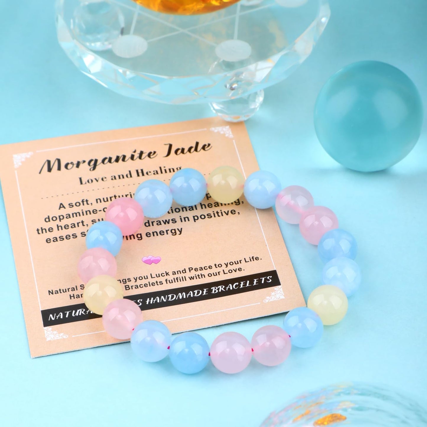 AD Beads 4mm Handmade Morganite Jade Elastic Bracelet – Natural Gemstone for Joy & Positivity – Meditation, Yoga, Healing and Energy Gift for Men Women