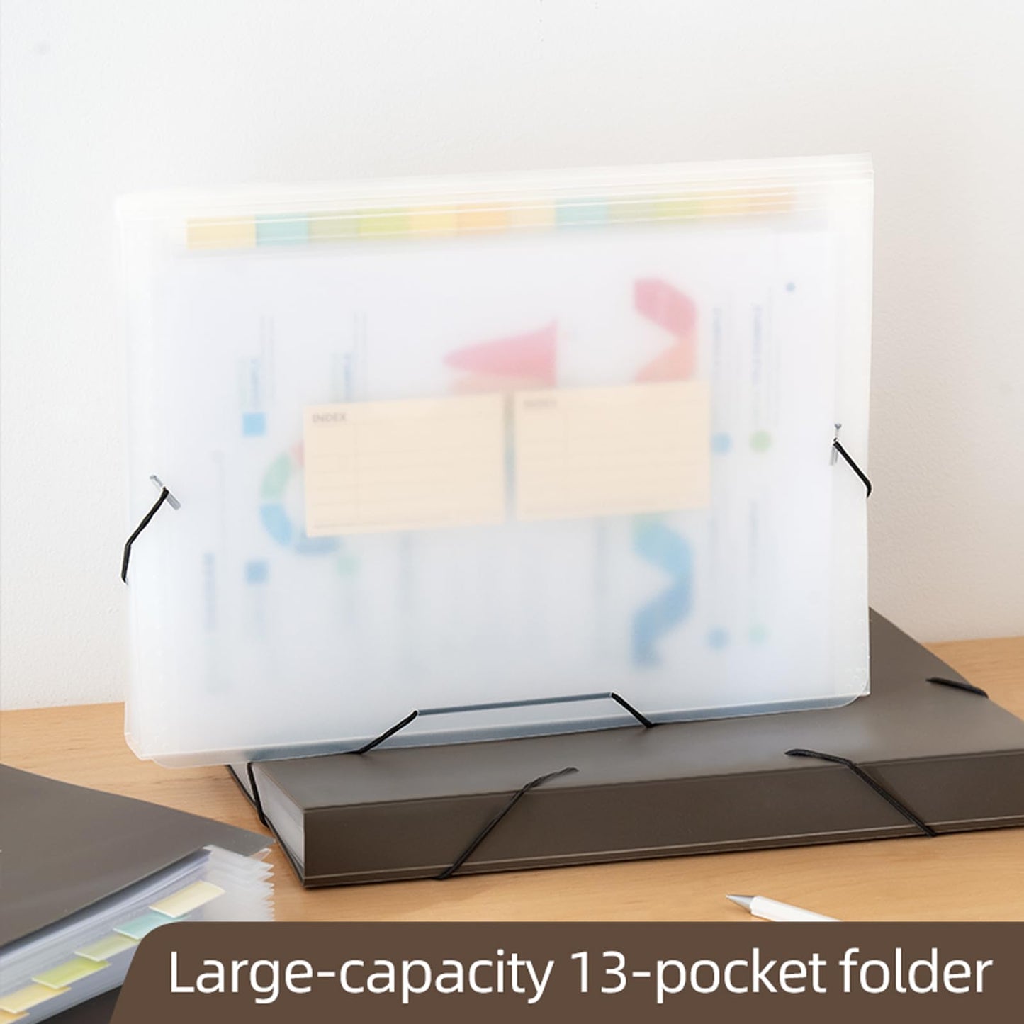 Expanding File Folder with Tabs, 13 Pockets File Organizer Accordion File Holder ，with Elastic Buckles Closure, A4 Paper Document Organizer for Home School Office (1, Transparent White)