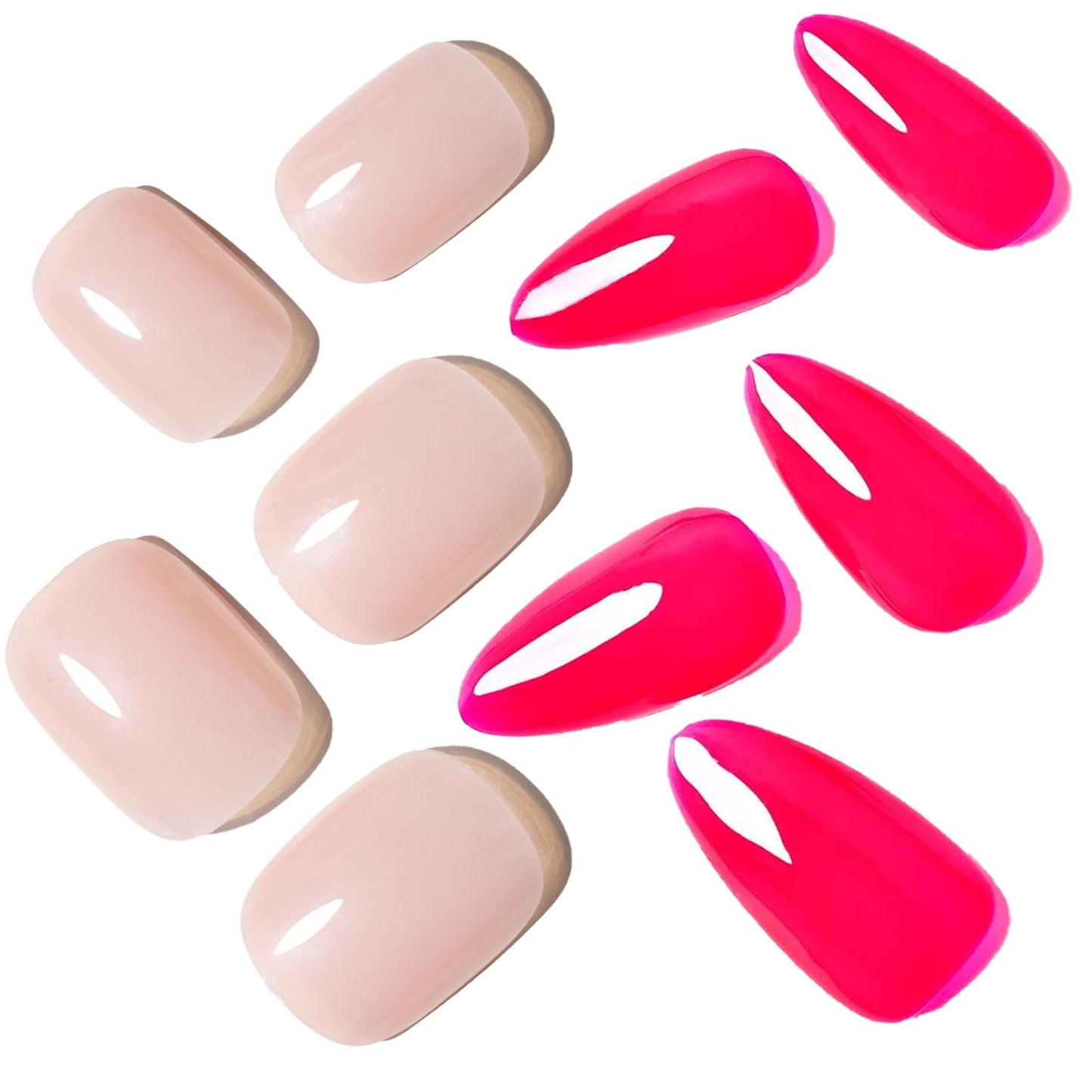 GLAMERMAID Press On Nails Extra Short Square, Jelly Soft Gel Fake Nails Round Squoval, Natural Nude Pink False Nails Tip, Hot Pink Press on Nails Medium Almond, Handmade Jelly Soft Gel Fake Nail Short