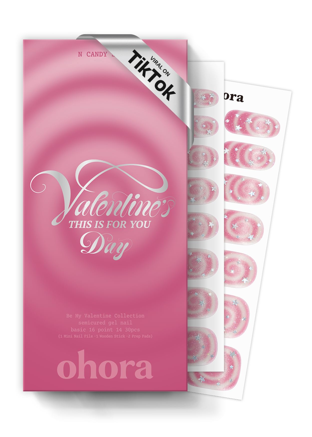ohora Semi Cured Gel Nail Strips (N Candy Swirl) - Salon-Quality Valentines Nails stickers, Works with Any Lamps, Long Lasting, Easy to Apply & Remove, Chip Resistant