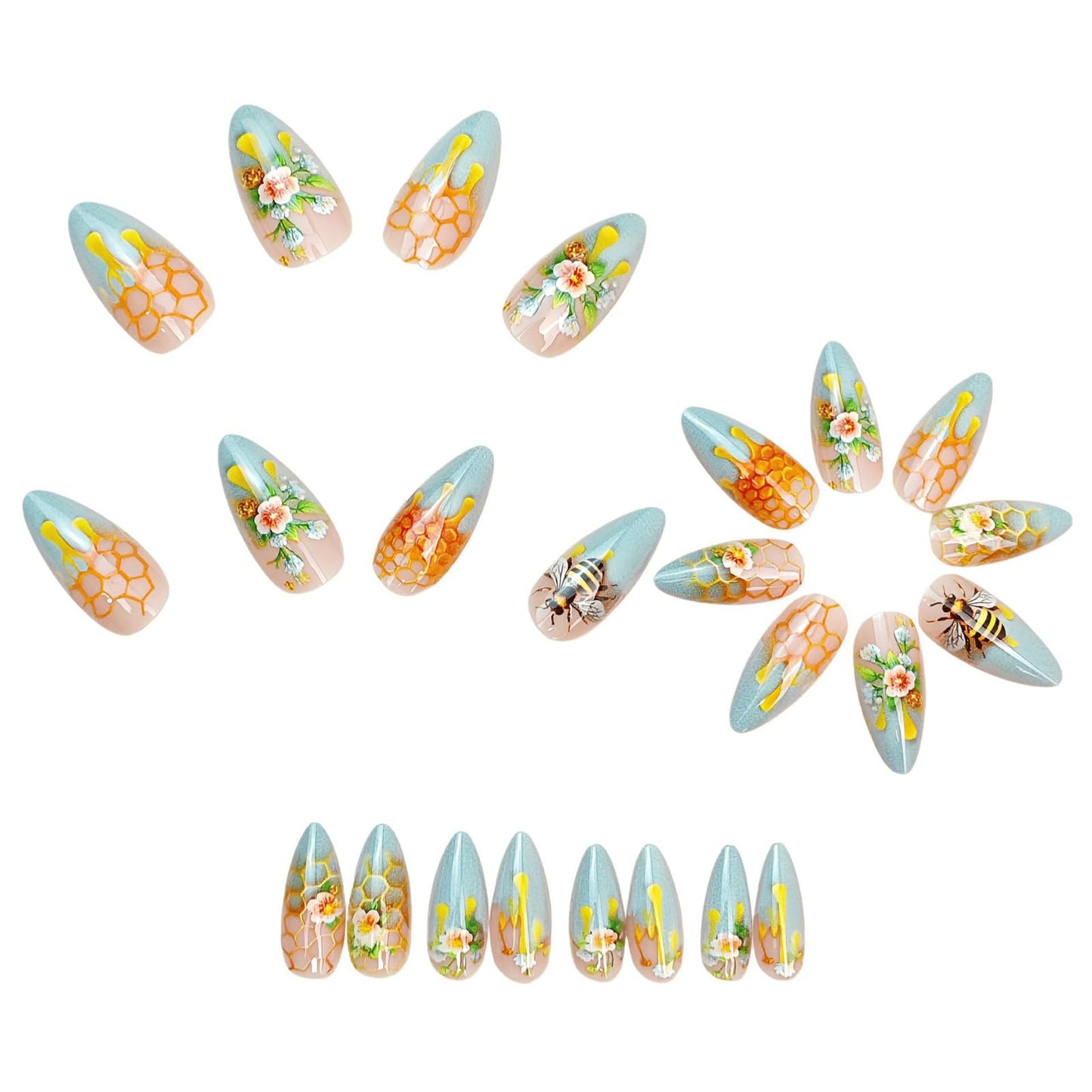 Long Almond Press on Nails Yellow Bees Honeycomb Honey Fake Nails Flower Glossy Stick on Nails Artificial Acrylic False Nails for Women Nail Art 24Pcs