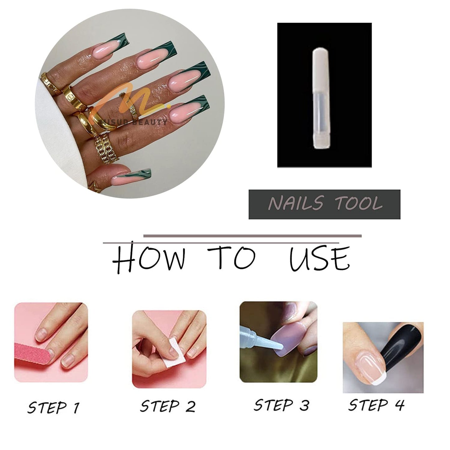 MISUD Press on Nails - Long Coffin Glue on Nails, Acrylic Dark Green French Tip Design 24 pcs