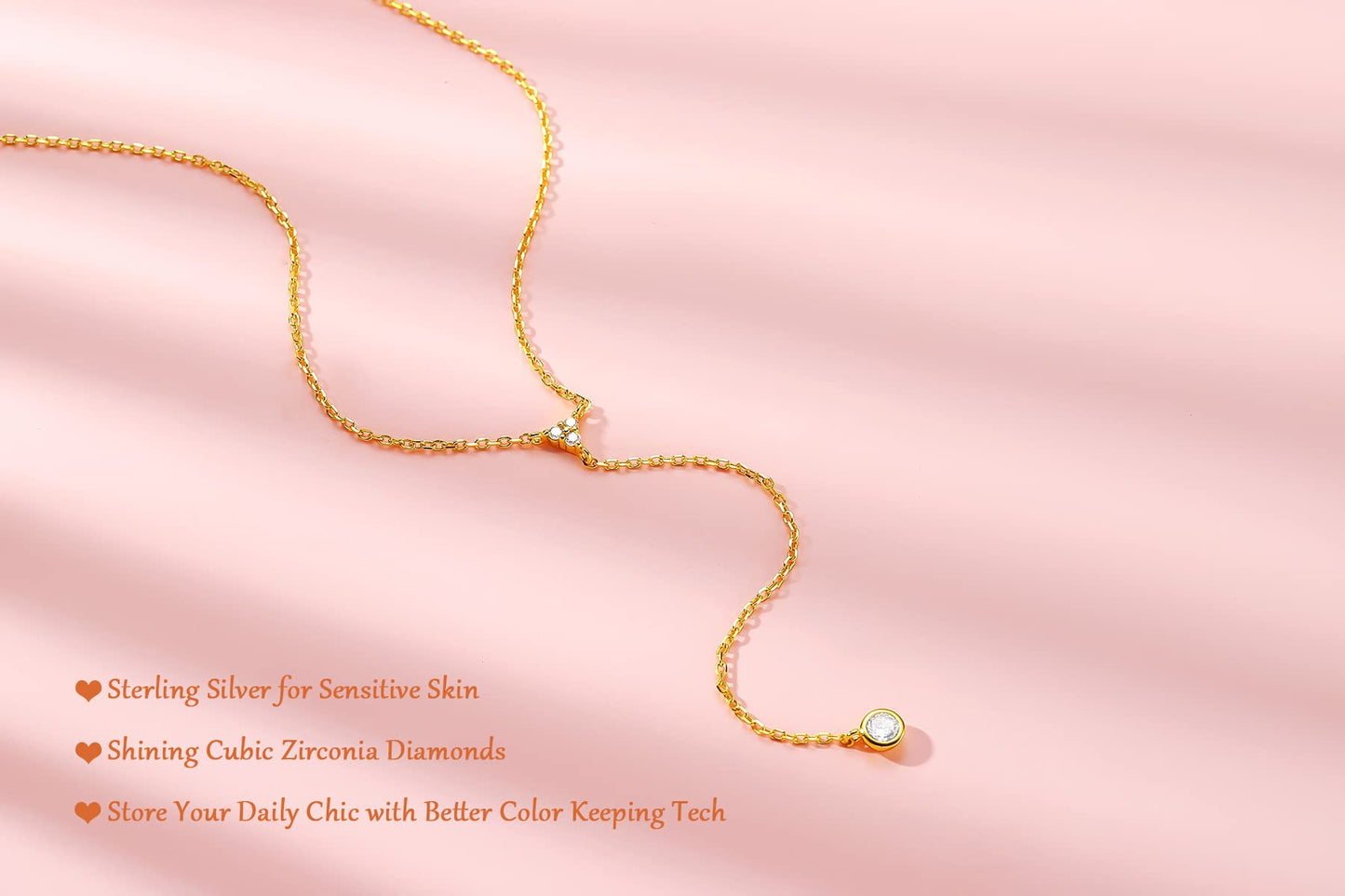 Metzakka Handmade Sterling Silver Lariat Necklace, Simulated Diamond Dainty Drop Y Chain Necklace for Women (Gold with Gift Box)