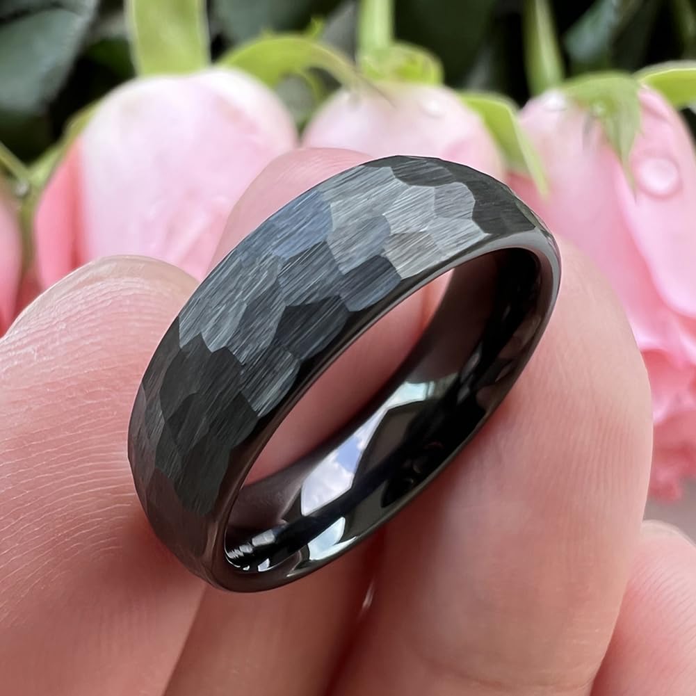 TUTISS 6mm Black Hammered Tungsten Rings for Men Women Fashion Engagement Wedding Bands Domed Matte Finish Comfort Fit Size 10