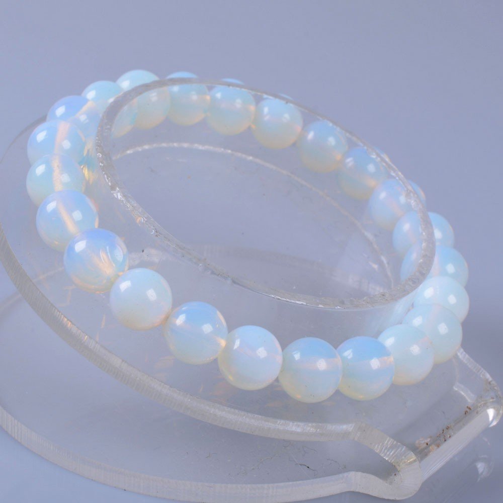 Justinstones Synthetic Opalite Moonstone Glass 8mm Round Beads Stretch Bracelet 7 Inch Unisex