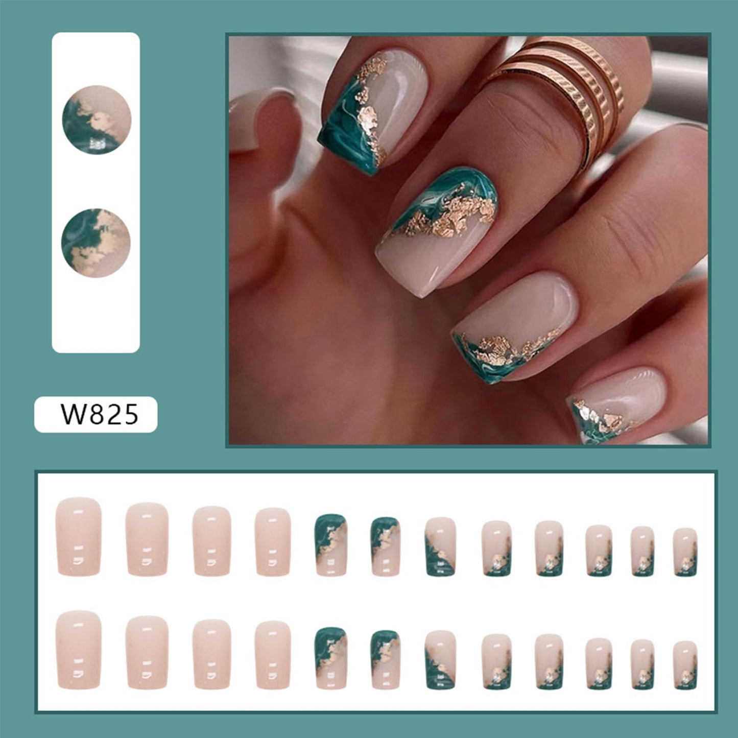 Marble Press on Nails Square Medium Fake Nails with Gold Foil Designs Full Cover False Nails Glossy Glue on Nails Nude Acrylic Nails for Women and Girls Nails Decorations 24pcs