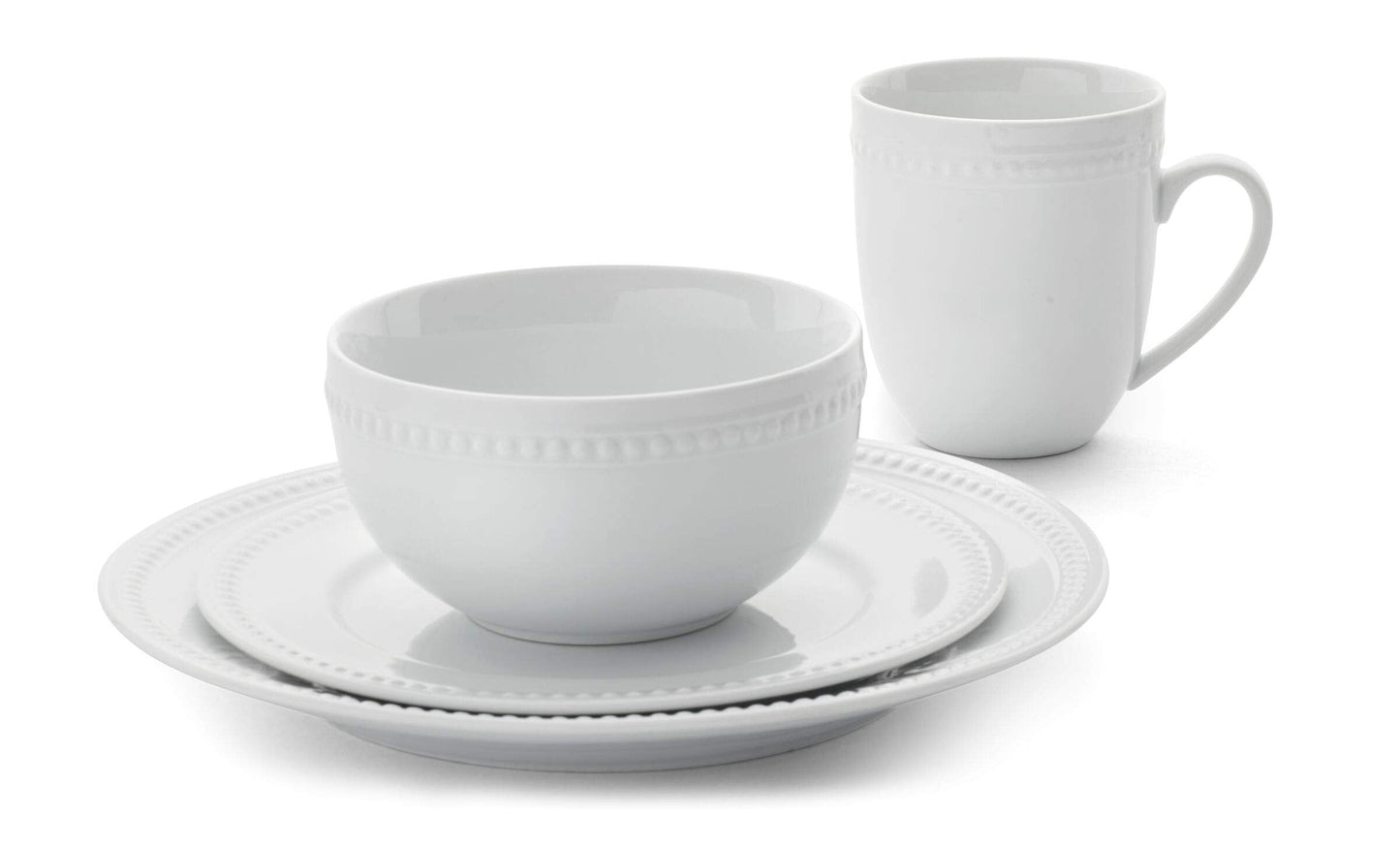 Everyday White by Fitz and Floyd, Beaded 16 Piece Dinnerware Set, Service for 4