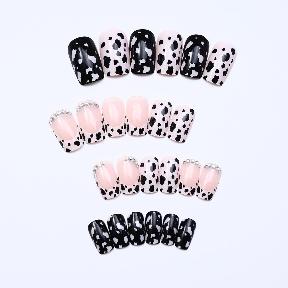 24Pcs Short Square Press on Nails Cow French Tip Fake Nails with Glitter Rhinestones Design Black White False Nails Full Cover Cute Glue on Nails Leopard Acrylic Nails Glossy Stick on Nails for Women