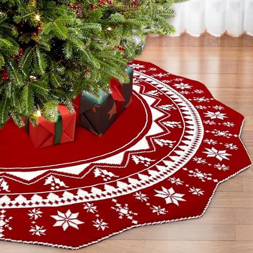 OurWarm Christmas Tree Skirt 60 Inch, Knit Red Tree Skirt with Poinsettia Pattern, Rustic Double-Sided Large Knitted Xmas Tree Skirt for Christmas Tree Indoor Holiday Party Christmas Decorations