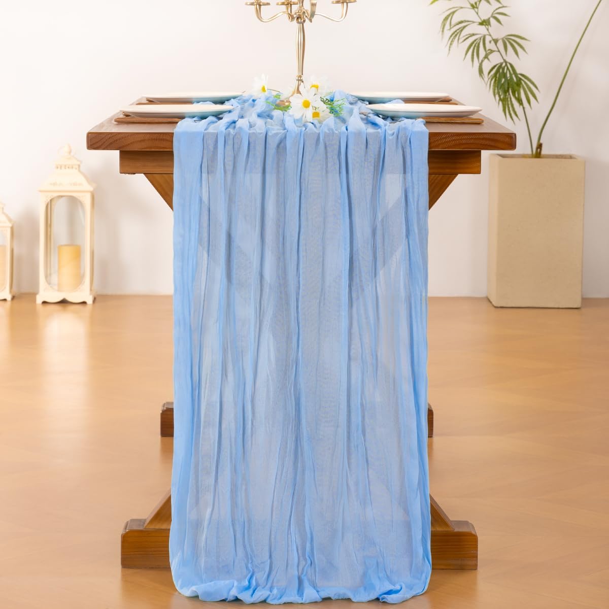 Socomi 3pcs Blue Fall Thanksgiving Cheesecloth Table Runner Boho Rustic Gauze 120 inch 10FT Cheese Cloth Runner for Wedding Party Baby Shower Birthday Home Decor Holiday Decorations