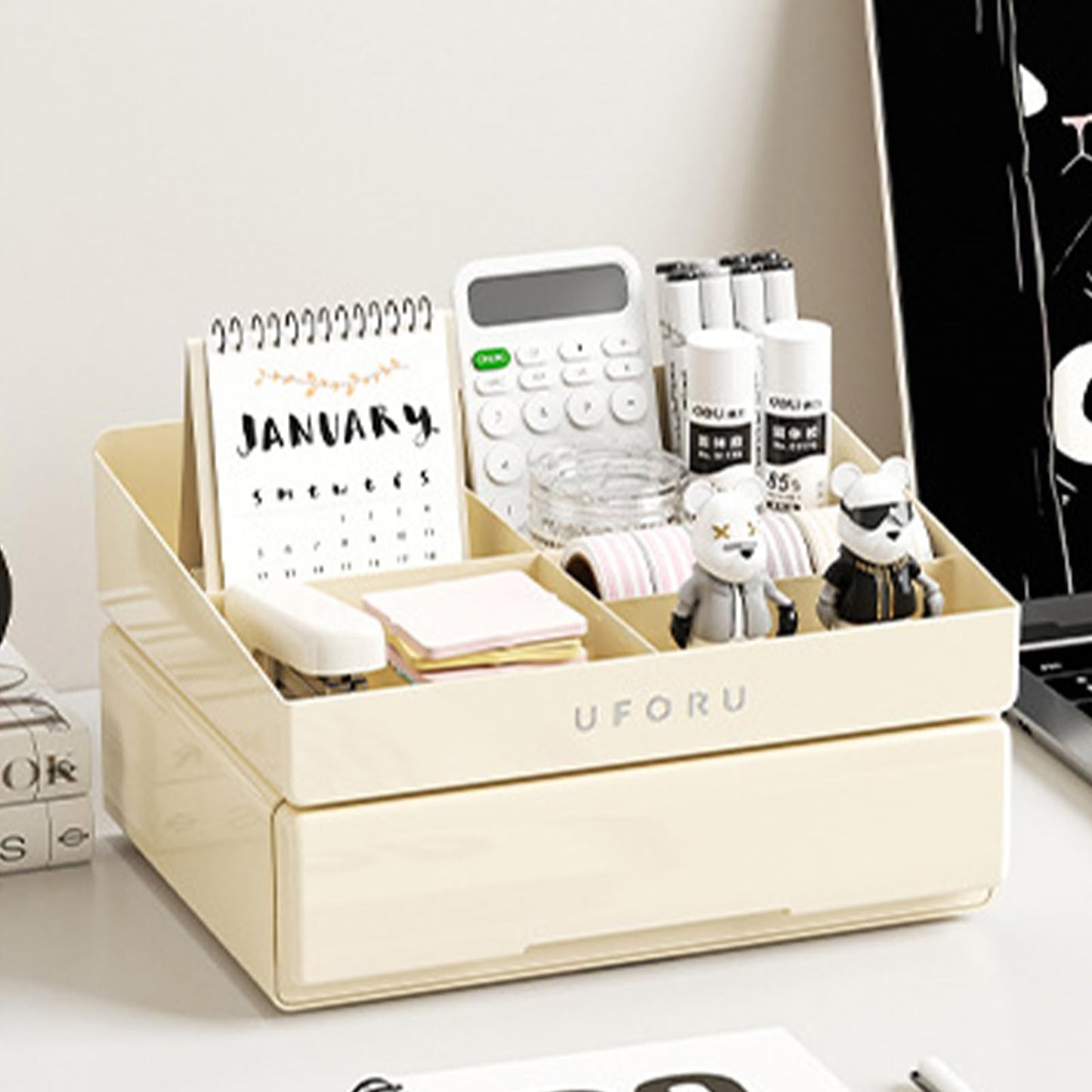 UFORU Desk Organizer with 6 Compartments, 2 Tier Stackable Storage Drawers Plastic Makeup Storage, Office Desk Storage Box, Stationary Sorting Helper