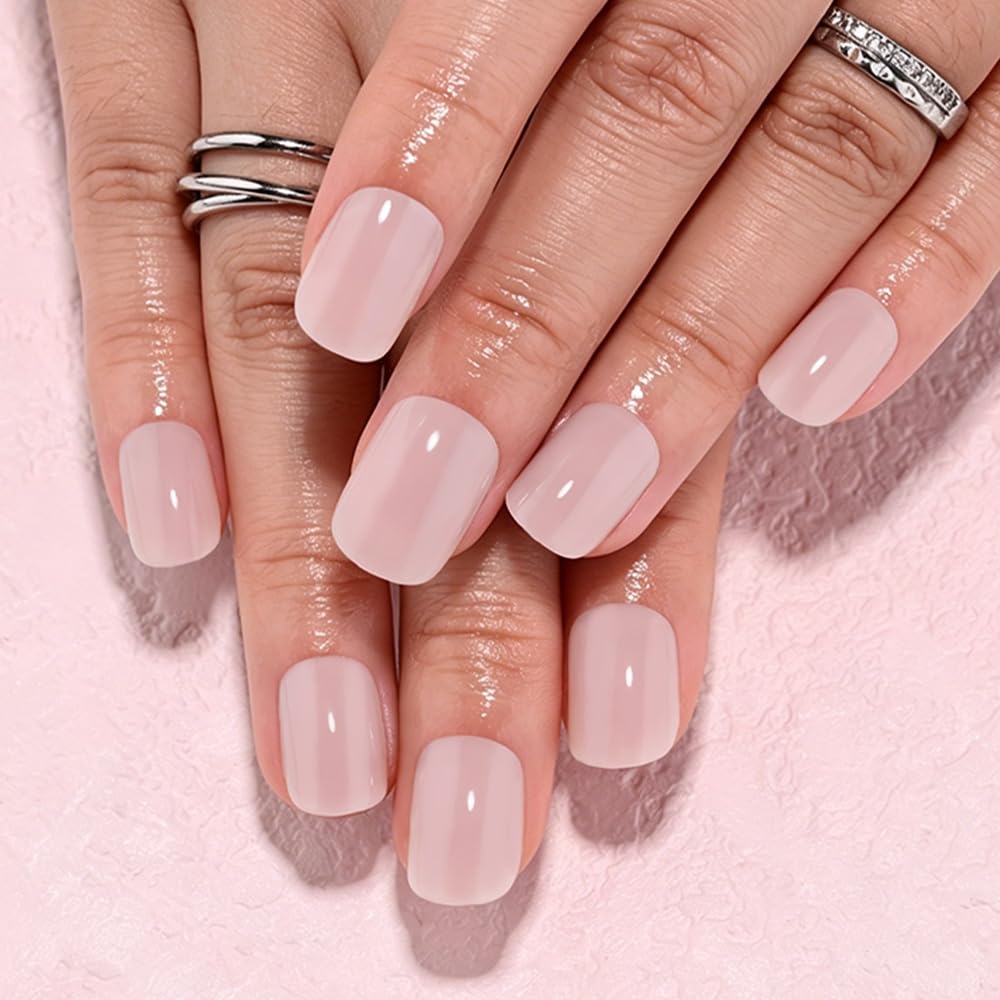 evpct Soft Pink Glossy Squoval Short Press on Nails for Women, Pink Extra Short Squoval No Glue Stick on Nails with Kit, Reusable Full Cover Soft Press on Acrylic Fake Nail Salon-quality Perfectly Fit