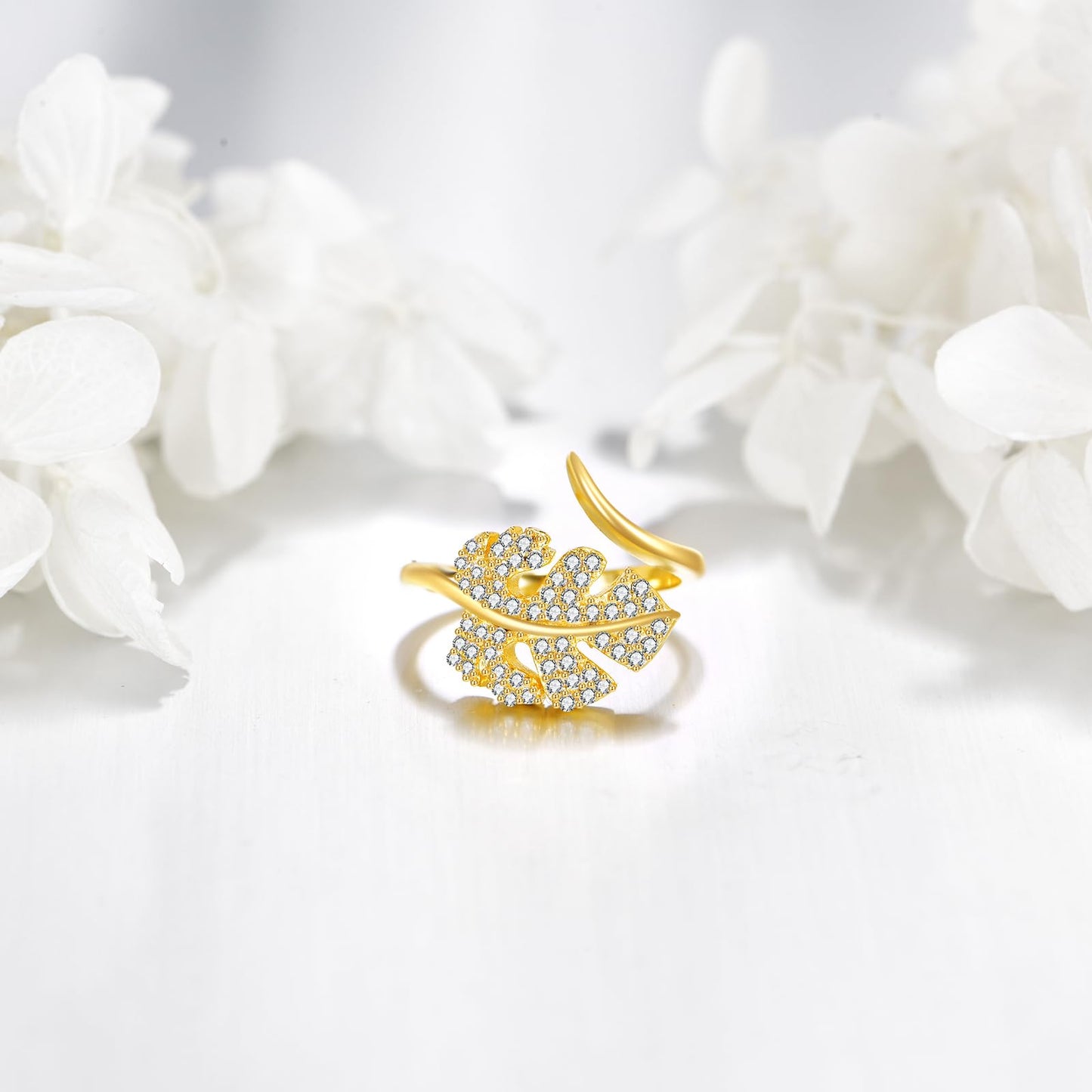 POPLYKE Tropical Monstera Leaf Ring Sterling Silver Boho Adjustable Open Ring Spoon Ring Vintage Thumb Rings for Women