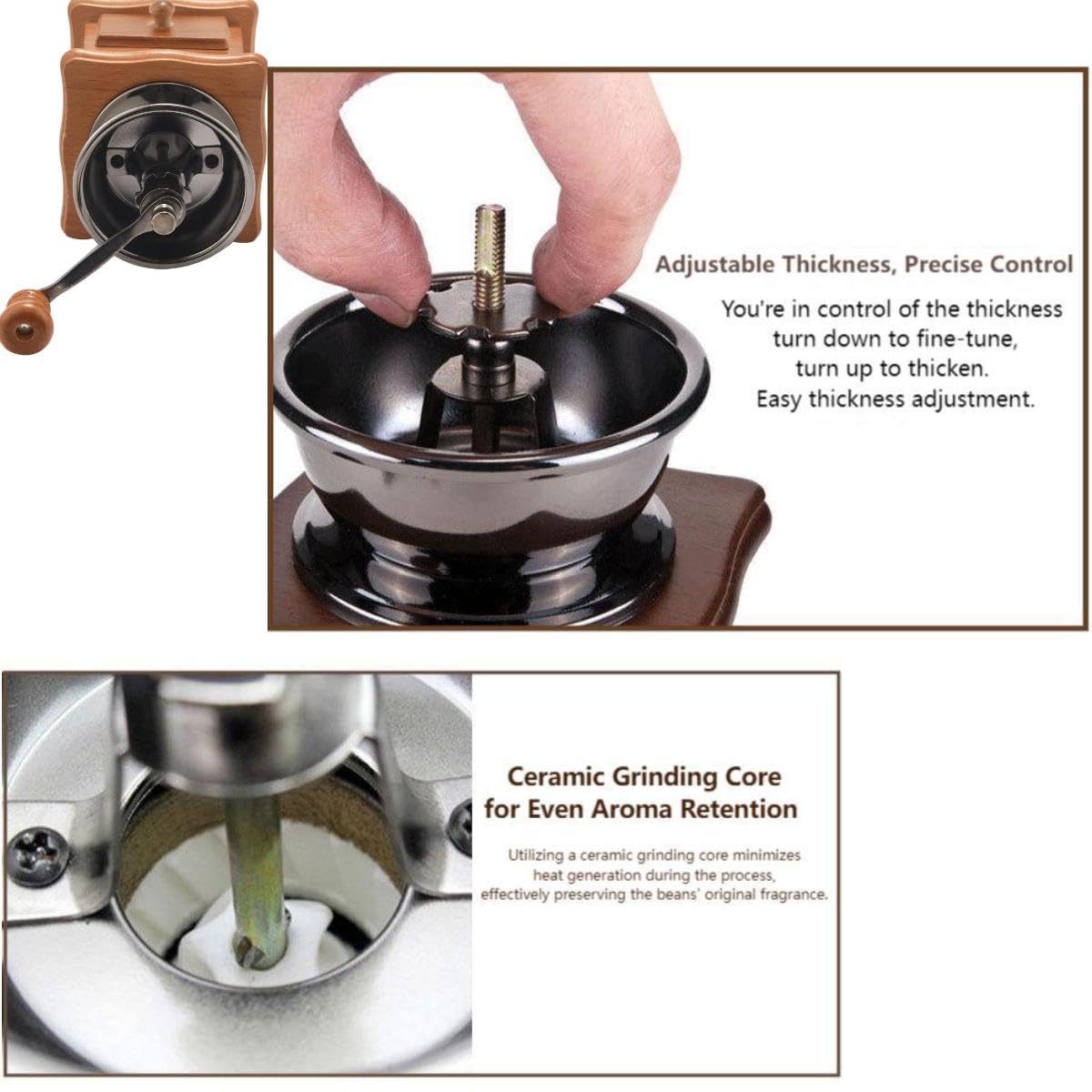 Eitonbu Wooden Manual Coffee Grinder Vintage Style Hand Coffee Mill Burr Coffee Grinder with Ceramic Hand Crank,Wooden Manual Coffee Grinder Cleaning Brush (Light Brown)