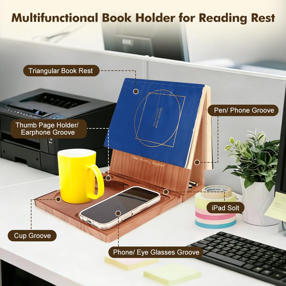 Triangle Book Holder Stand & Reading Valet, Foldable Wooden Book Rest with Cup, Phone, Glasses & Pen Holder, Includes Thumb Page Holder, Ideal Reading Accessory Gift for Book Lovers, Readers
