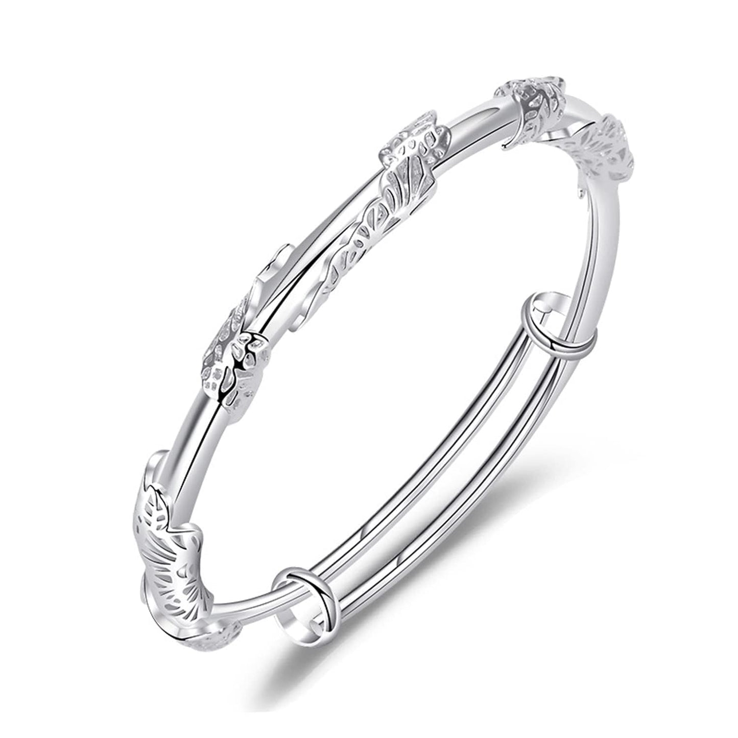 Solid 925 Sterling Silver Bracelet for Women Minimalist Adjustable Cuff Bangles Fashion Stackable Handmade Floral Engrave Bracelets Trendy Boho Cuff Bracelet Jewelry Gift for Birthday Women's Day