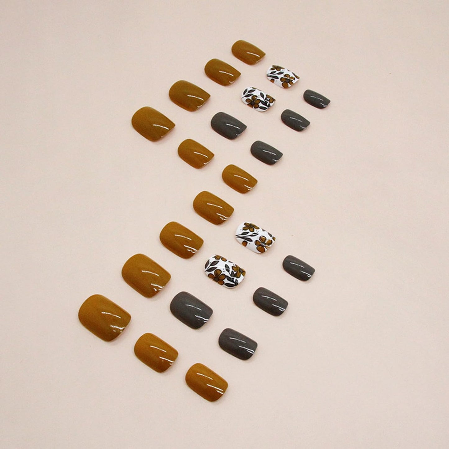 Fall Press on Nails Short Square Fake Nails with Floral Designs Glossy Glue on Nails Full Cover Yellow Nails Press ons Grey Acrylic Nails Fall Artificial Stick on Nails for Women Girls Manicure24Pcs