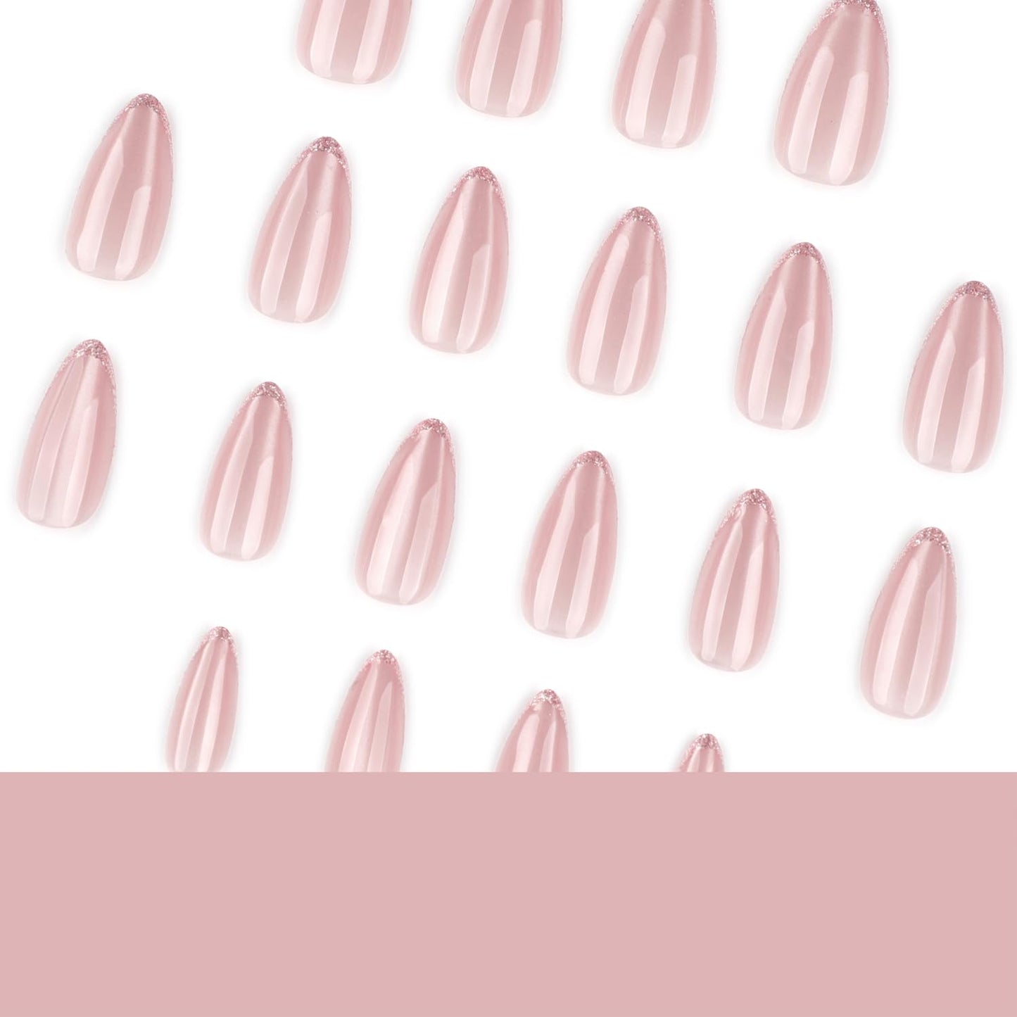 24PCS Soft Gel Press On Nails Almond Nude Pink with Subtle Glitter French Tip, Natural Glossy Glue On Nails, Reusable Fake Nails for Women