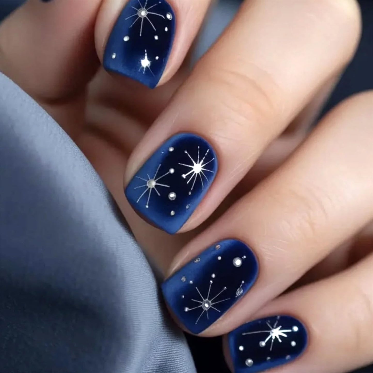 Short Press on Nails Square Fake Nails Navy Blue Starry Sky Acrylic Nail Press ons with Polka Dot Stars Design Reusable Artificial Nails Full Cover Stick on Nails for Women Manicure 24Pcs