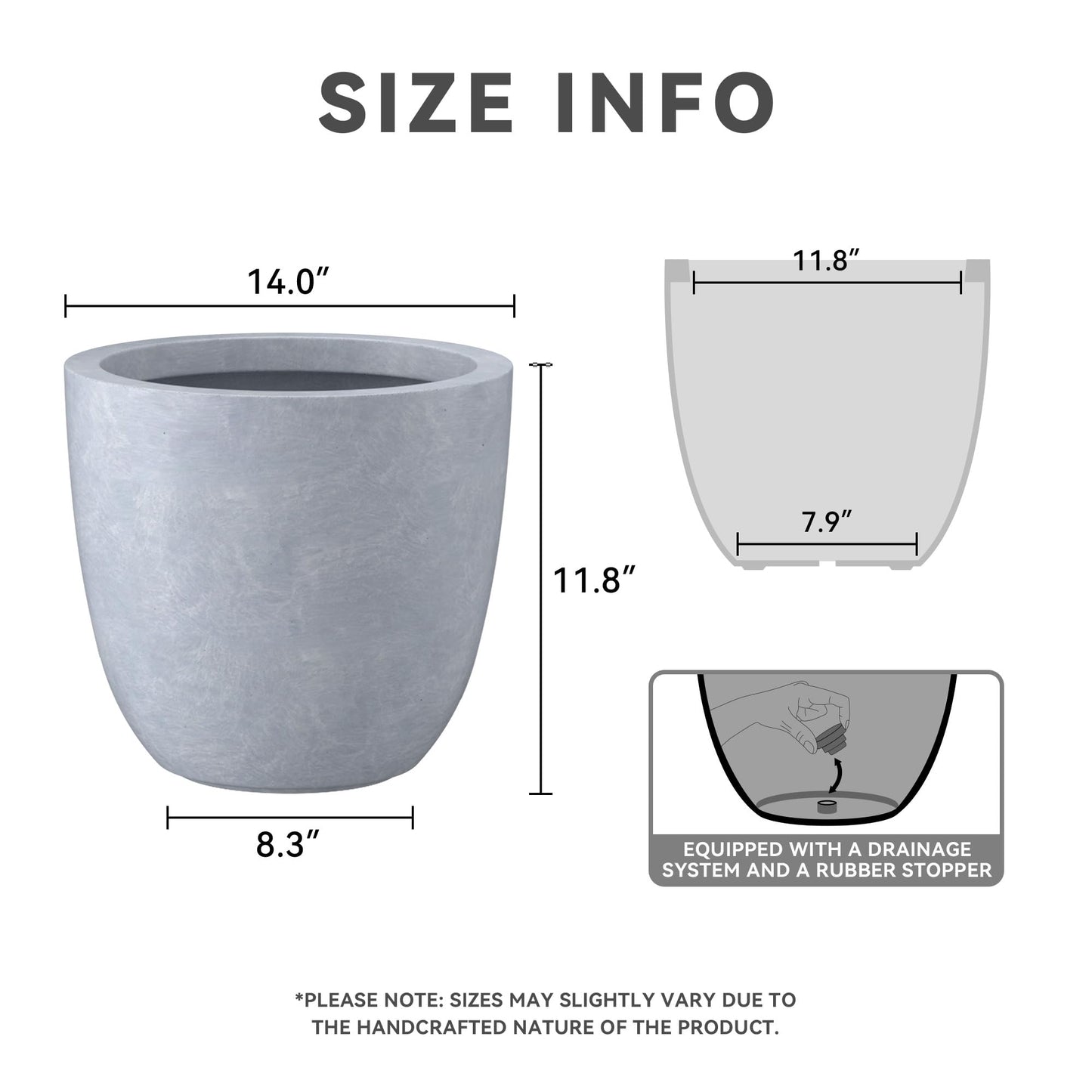 Kante 14 Inch Dia Round Concrete Planter, Indoor Outdoor Large Plant Pot with Drainage Hole and Rubber Plug for Home Patio Garden, Gray