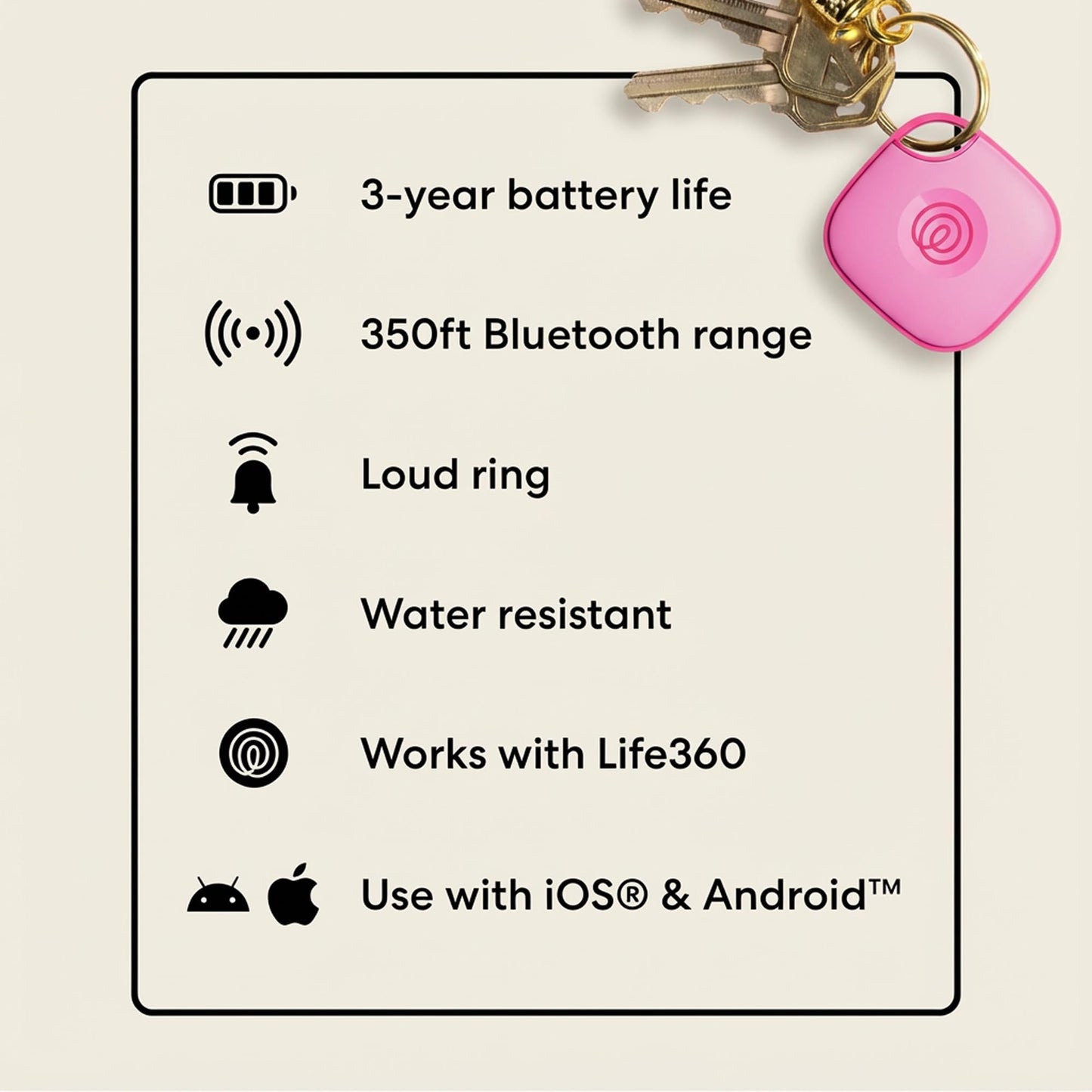 Life360 Tile - Bluetooth Tracker, Keys Finder and Item Locator for Keys, Bags and More. Phone Finder. Both iOS and Android Compatible. 1-Pack (Pink Punch)