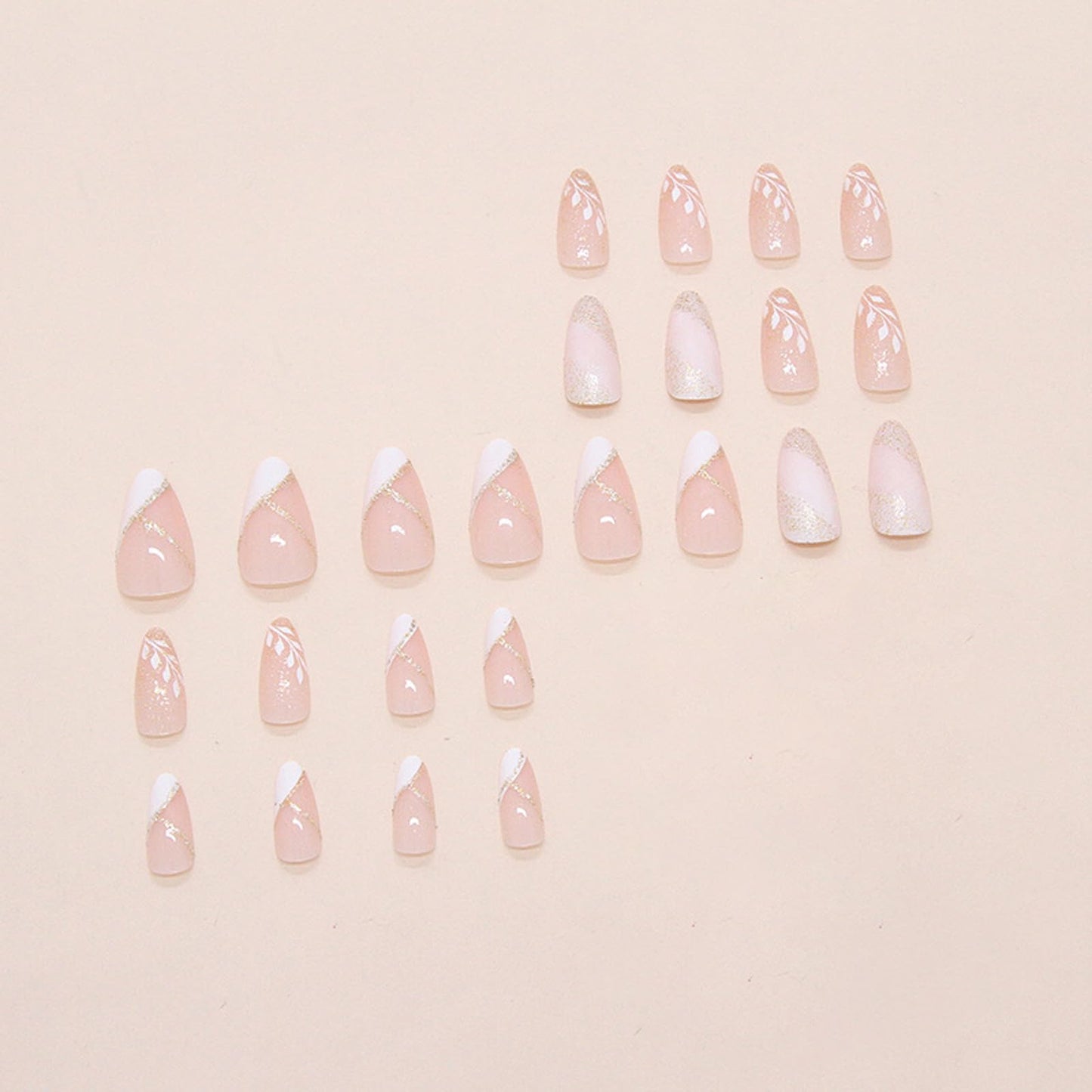 IMSOHOT Press on Nails Almond Medium Fake Nails with White Flower Designs Summer Floral Artificial Glossy Full Cover Golden Glitter Stick on Nails for Women 24Pcs