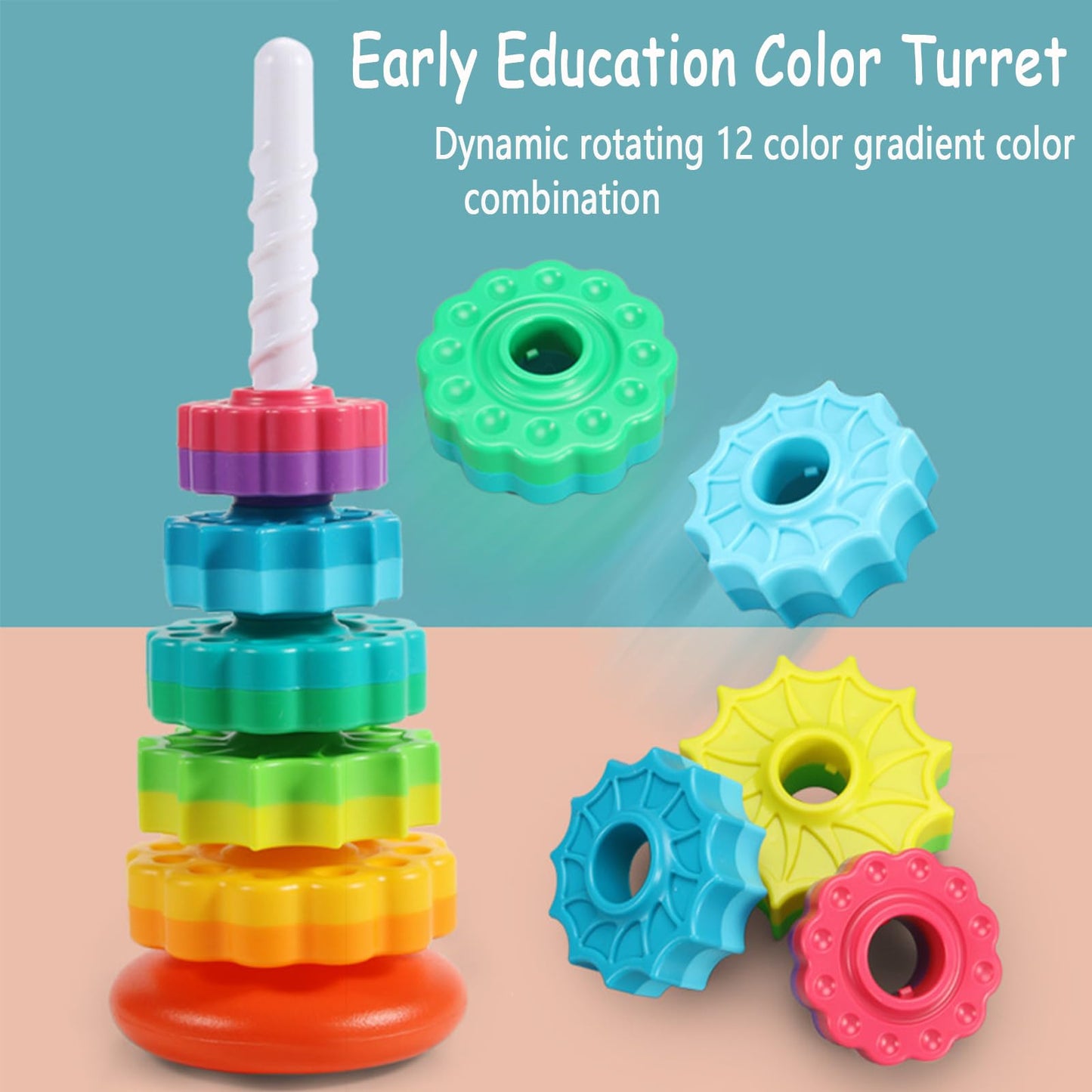 Baby Spinning Stacking Toys, Spin ABS Plastic and Color Rainbow Design Ring Stacker Baby Toys 6 to 12 Months Montessori Educational Learning Autism Sensory for Boys and Girls