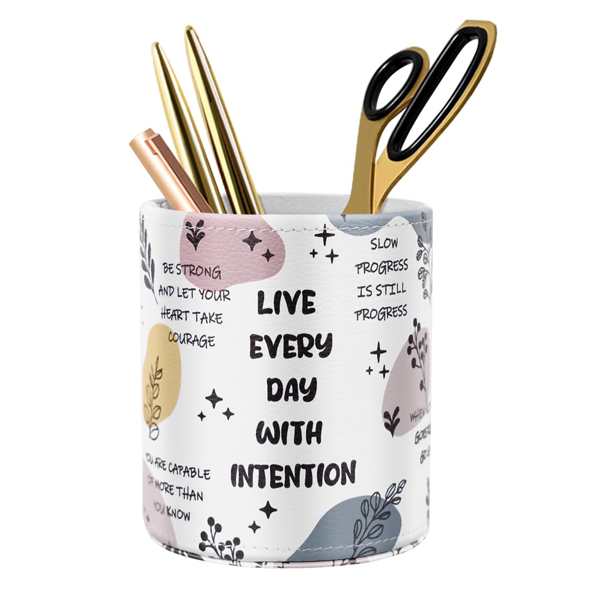 WAVEYU Desk Pen Holder Organizer Cute, Pencil Holder Cup, Makeup Brush Holder Large Pu Leather, Multi-Functional Organizer for Office, for Teens Adults Student, Inspiring Words Pattern