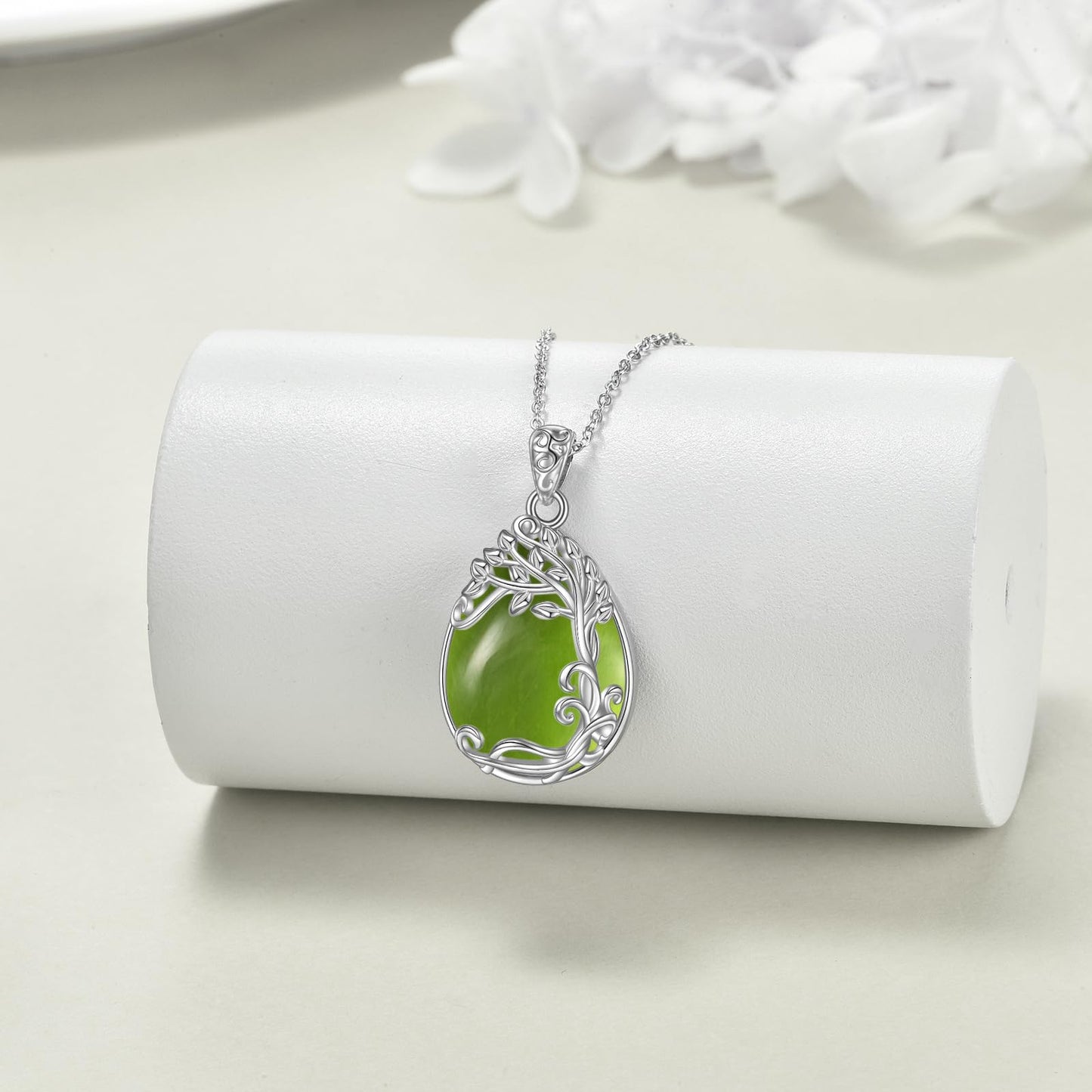 YAFEINI Sterling Silver Green Tree of Life Pendant - Natural Peridot Stone Necklace - Jewelry Gift for Women