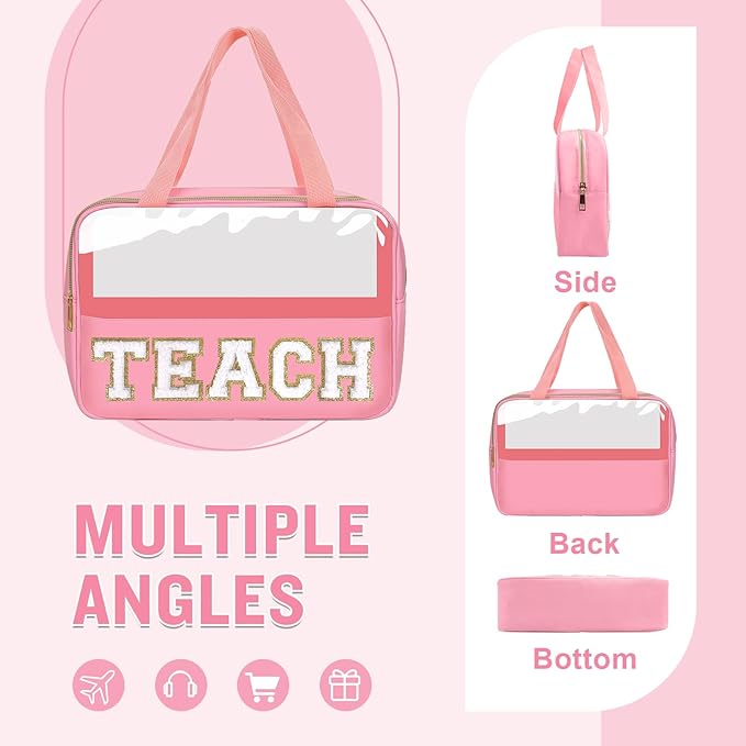 Teacher Appreciation Gifts Chenille Letter Clear Makeup Bag TEACH Pouch, Preppy Waterpoof Makeup Cosmetic Bag with Zipper Graduation Retirement Birthday Teacher Essentials Gifts for Women(TEACH-Pink)