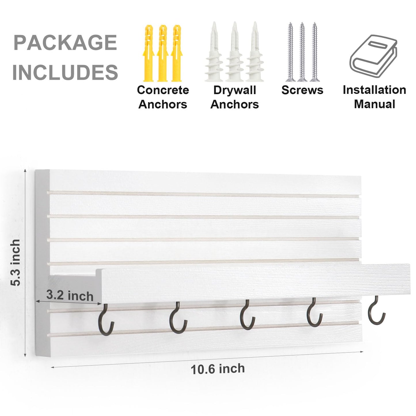 Lwenki Decorative Key Holder for Wall with Shelf, Entryway Shelf with Hooks Holds Leashes, Jackets and Glasses – Sturdy Wood Keyholder Entrance Hanger with Mounting Hardware (White, Medium)