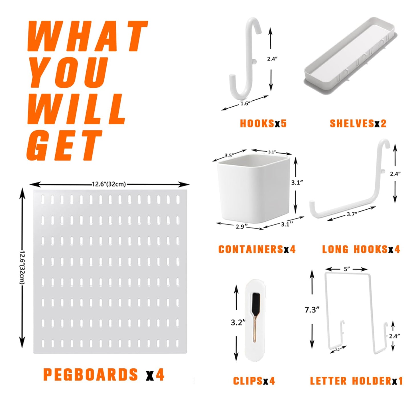 VEOFEMLEA Peg Board Combination Kit, 4 Pegboards with 20 Accessories, Pegboard Wall Organizer for Office, Nursery & Home Storage, Key Holder, 25.6"x25.6" – Nail-Free Installation（White）