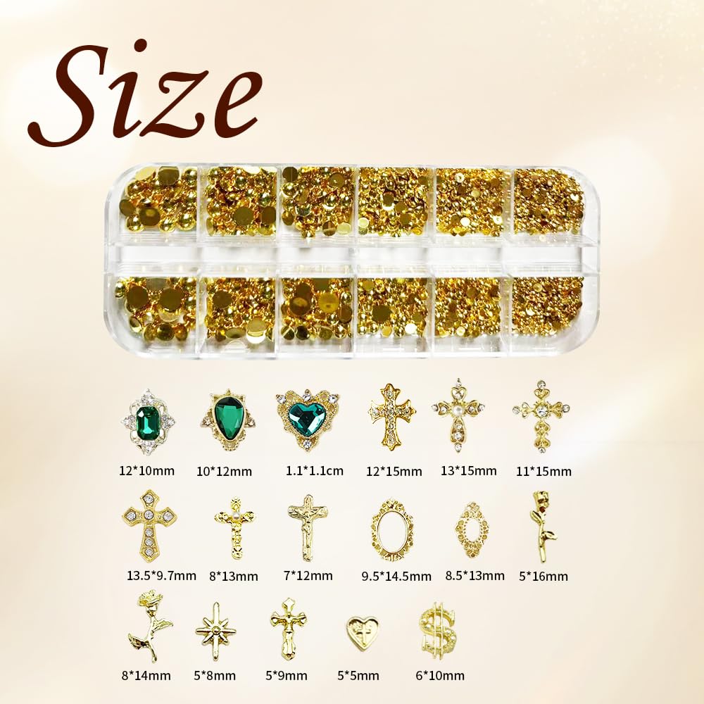 TmoGllp 56Pcs 3D Gold Cross Nail Charms Set, Emerald Green Rhinestones & Flat-Back Pearls for Y2K Nail Art Design