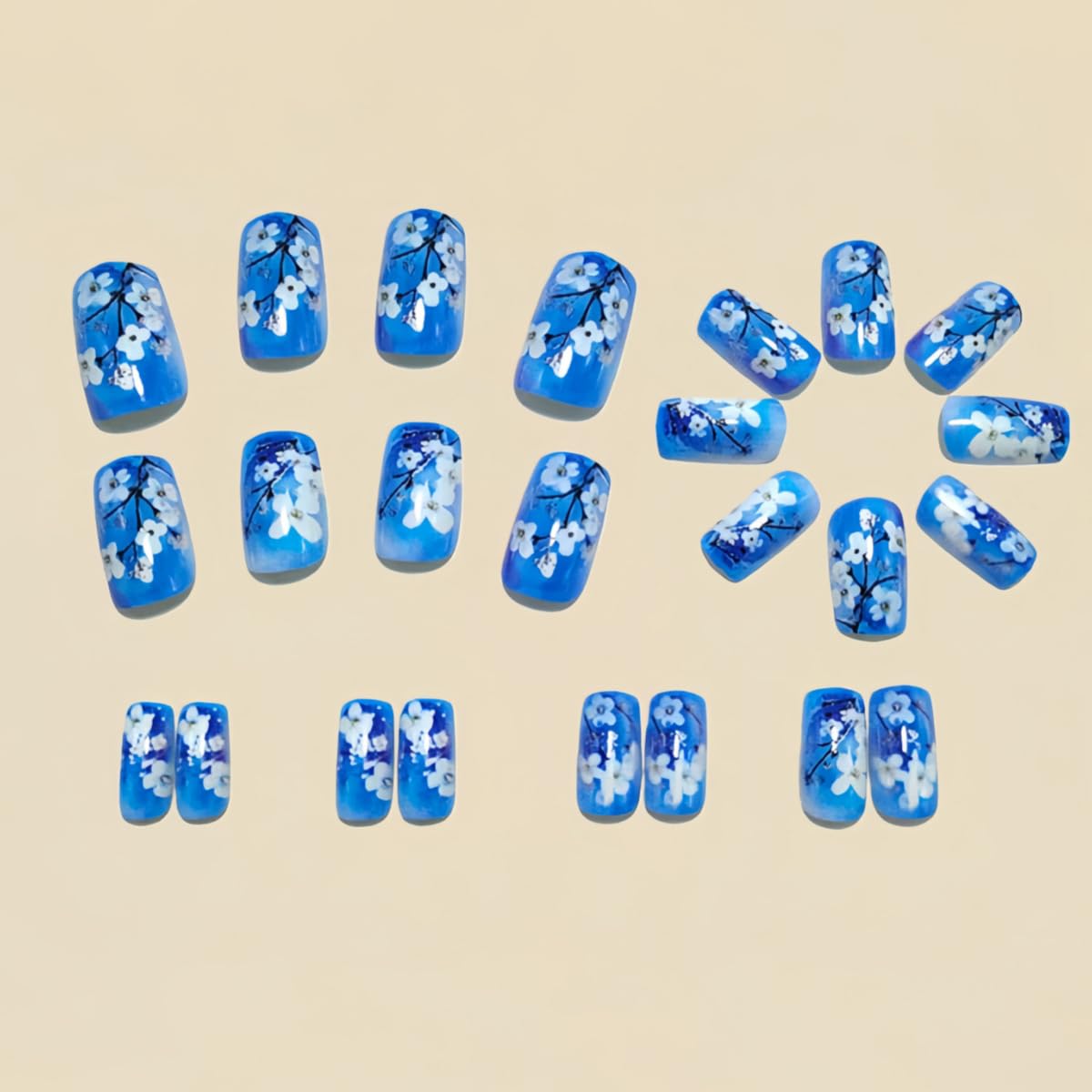 Blue Gradient Press on Nails with White Cherry Blossom Design Medium Square Reusable Floral Fake Nails Art, Full Cover Gel Manicure Tips for Women, Easy Application False Nails for Party/Everyday24PCS
