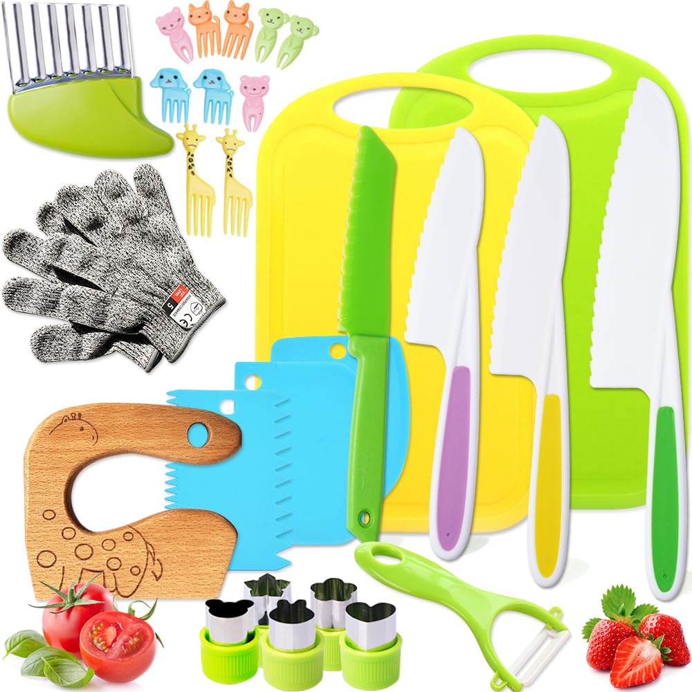 Doiaz Kidz Safe Knife Set for Toddlerz Real Cooking - Toddlerz Knives Sets Kitchen Tools with Gloves Cutting Board Fruit Vegetable Crinkle Cutters