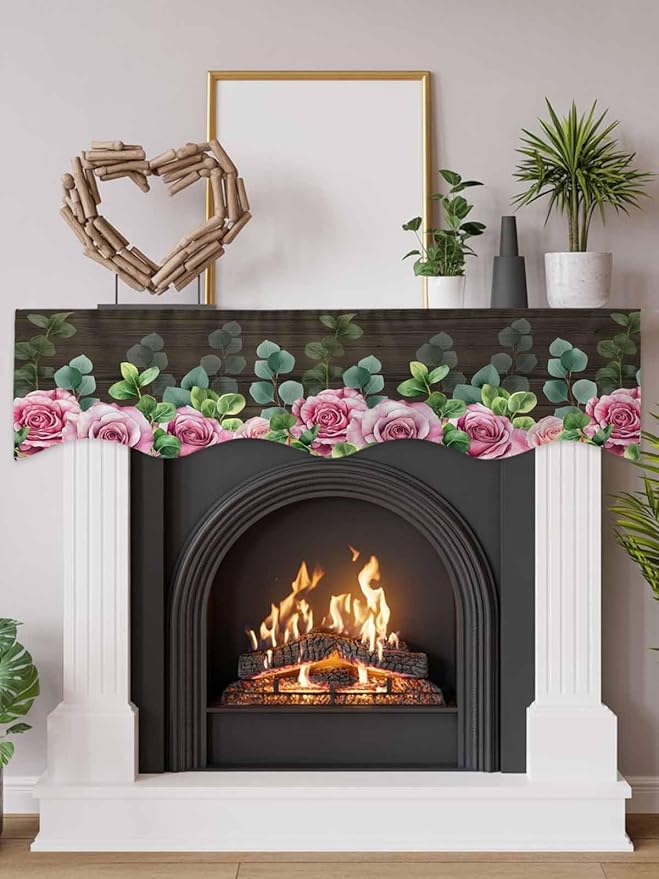 Spring Pink Roses Fireplace Mantel Scarf Table Runner, Pastoral Eucalyptus Leaves Brown Wooden Winter Garland Mantel Top Tablerunners Dresser Scarves Cover for Windows Party Living Room 70''x17''