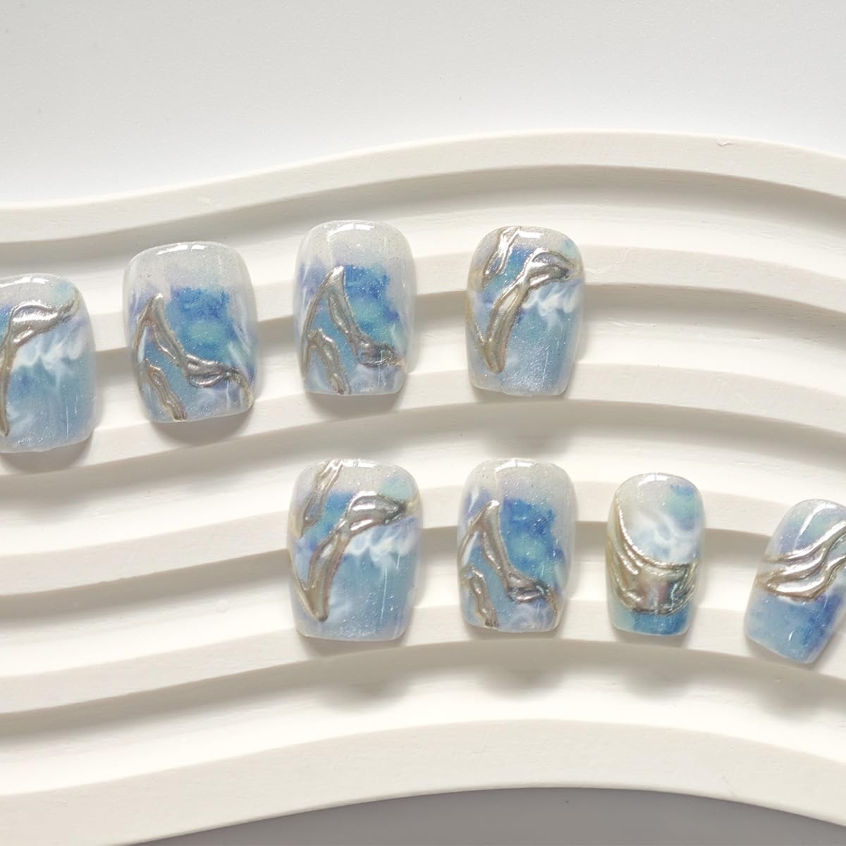 30Pcs Blue Press on Nails Short Square Fake Nails Ocean White Clouds Glossy Glitter Design Full Cover Reusable Artificial Nails Silver Chrome Stick on Nails Handmade False Nails for Women Acrylic Nail