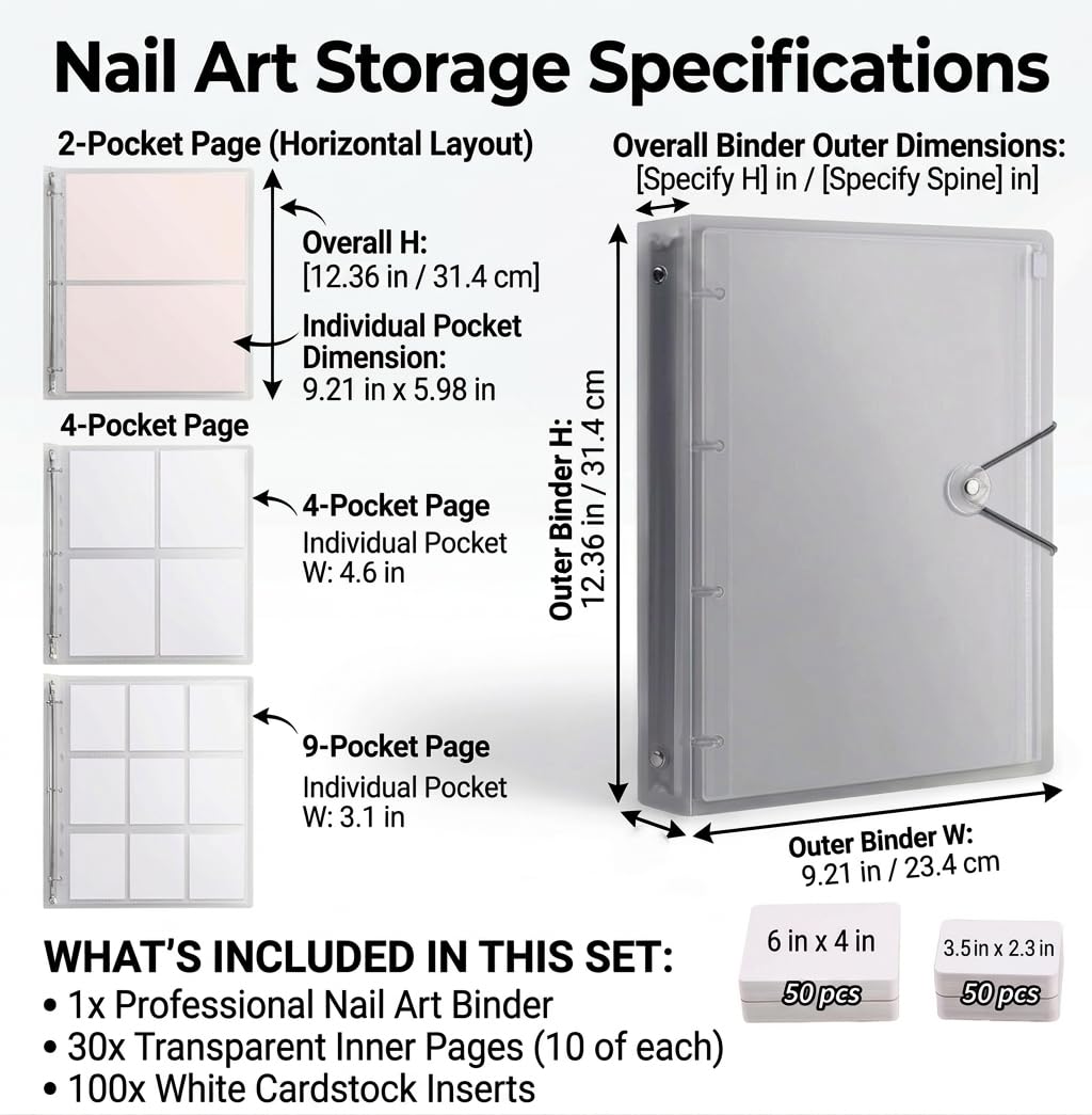 3-in-1 Press On Nail Storage Book,A4 Nail Art Organizer, 2/4/9-Pockets A4 Binder for Nail Stickers, Stamping Plates, and Press-on Nails, Professional Decal Holder for Nail Techs;sticker organizer