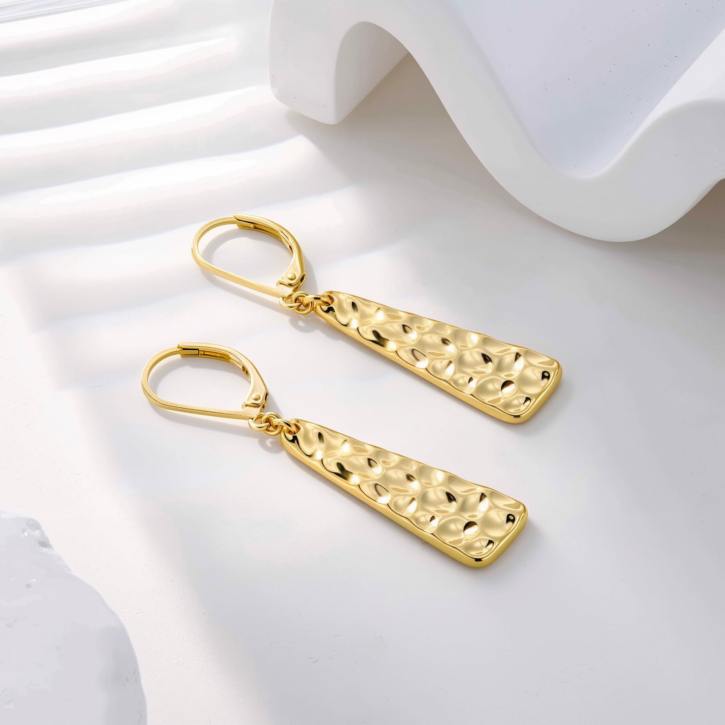 Gold Leverback Earrings, ALEXCRAFT 14K Gold Long Bar Hammered Dangle Earrings for Women Trendy Hypoallergenic 925 Sterling Silver Lightweight Statement Boho Dangling Drop Leverback Teardrop Earring