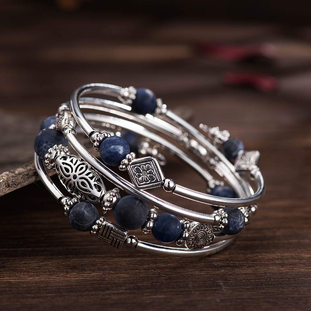 BULINLIN Layered Wrap Bangle Turquoise Bracelet - Bead Bracelet with Natural Agate Stone, Gifts For Women (04-Navy blue)