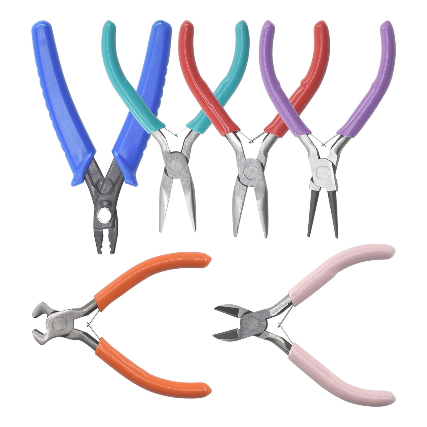 6Pcs Jewelry Pliers Making Tools Kit for Necklace, Bracelet, Earrings or Repairing, Include Wire Cutters, Nose, Crimping, Bent Nose Pliers, End Nippers for Beading Craft