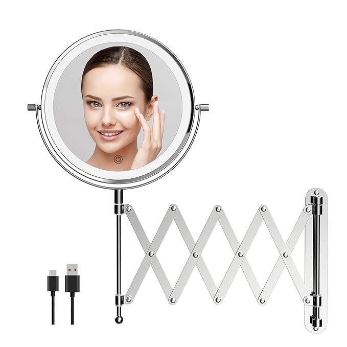 Rechargeable Wall Mounted Makeup Mirror - 8 Inch Double Sided 1X/20X Magnifying Mirror with 3 Color Lights Dimmable Touch Screen, 360°Swivel 19.6 Inch Extendable Accordion Bathroom Mirror