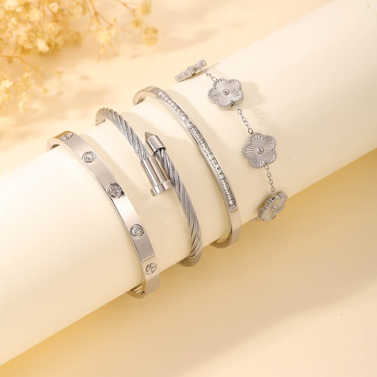 ISELBDR 18K Silver Bracelets for Women - Stackable Clover & Nail Love Bangle Set - Non-Tarnish Stainless Steel Jewelry for Valentine's, Mother's Day & Christmas (Silver-1)