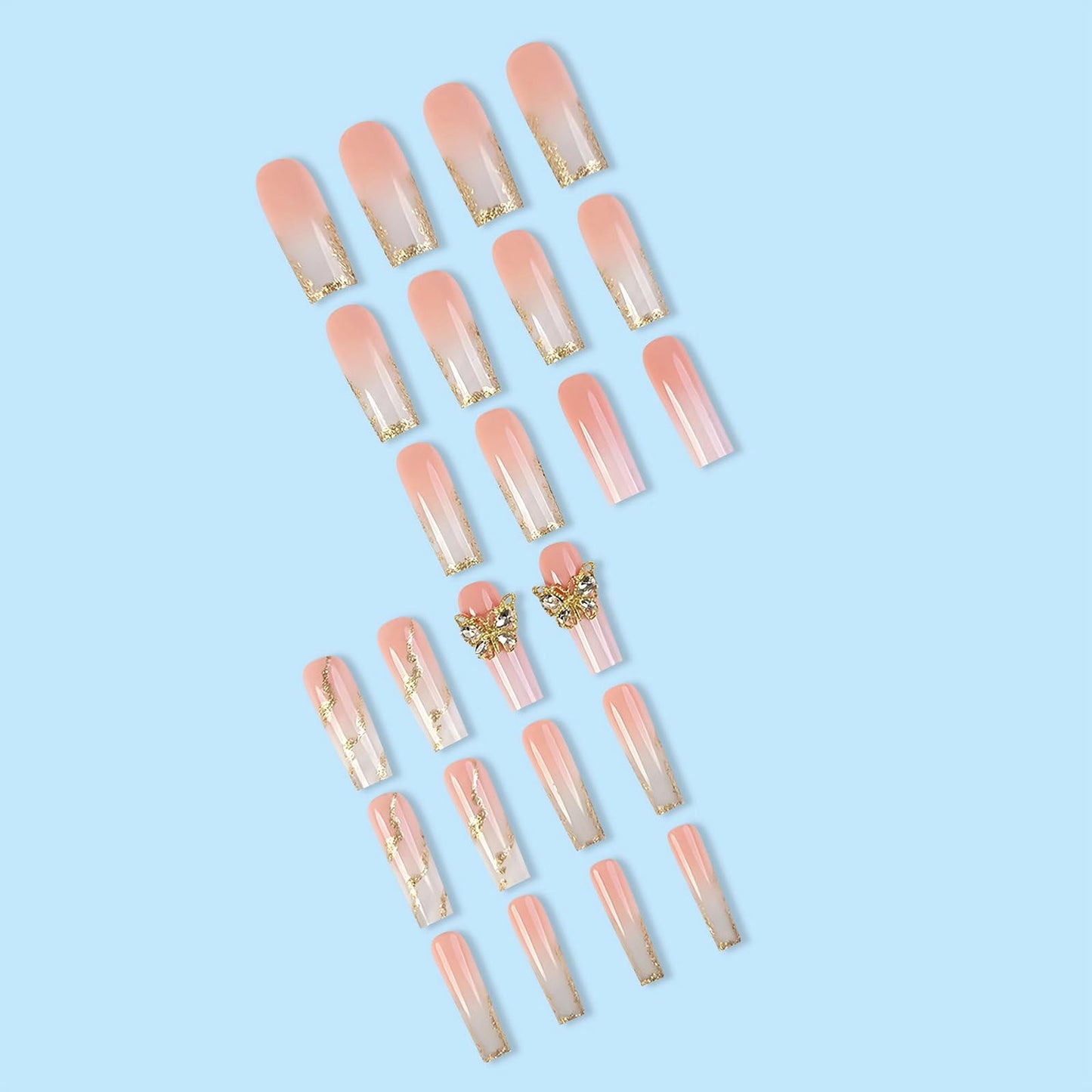 MISUD Press on Nails - Long Square Glue on Nails with Ombre, Acrylic Gold Butterfly Design 24 pcs