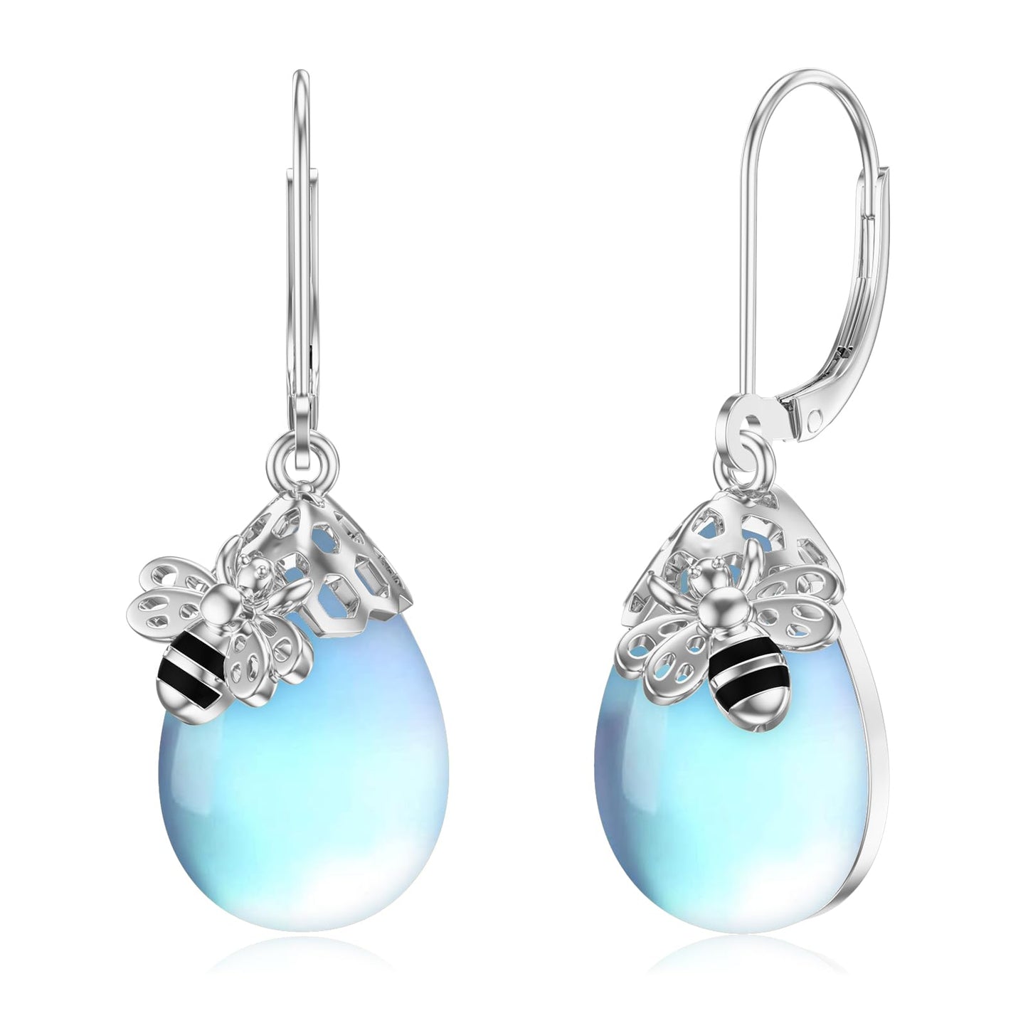 TIGERRIDER Bee 925 Sterling Silver French Clasp Earrings Moonstone Pendant Jewelry Gift for Women
